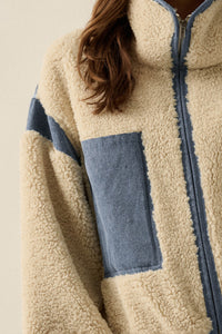 Real Life Fleece and Denim High-Collar Pocket Jacket - ShopPromesa