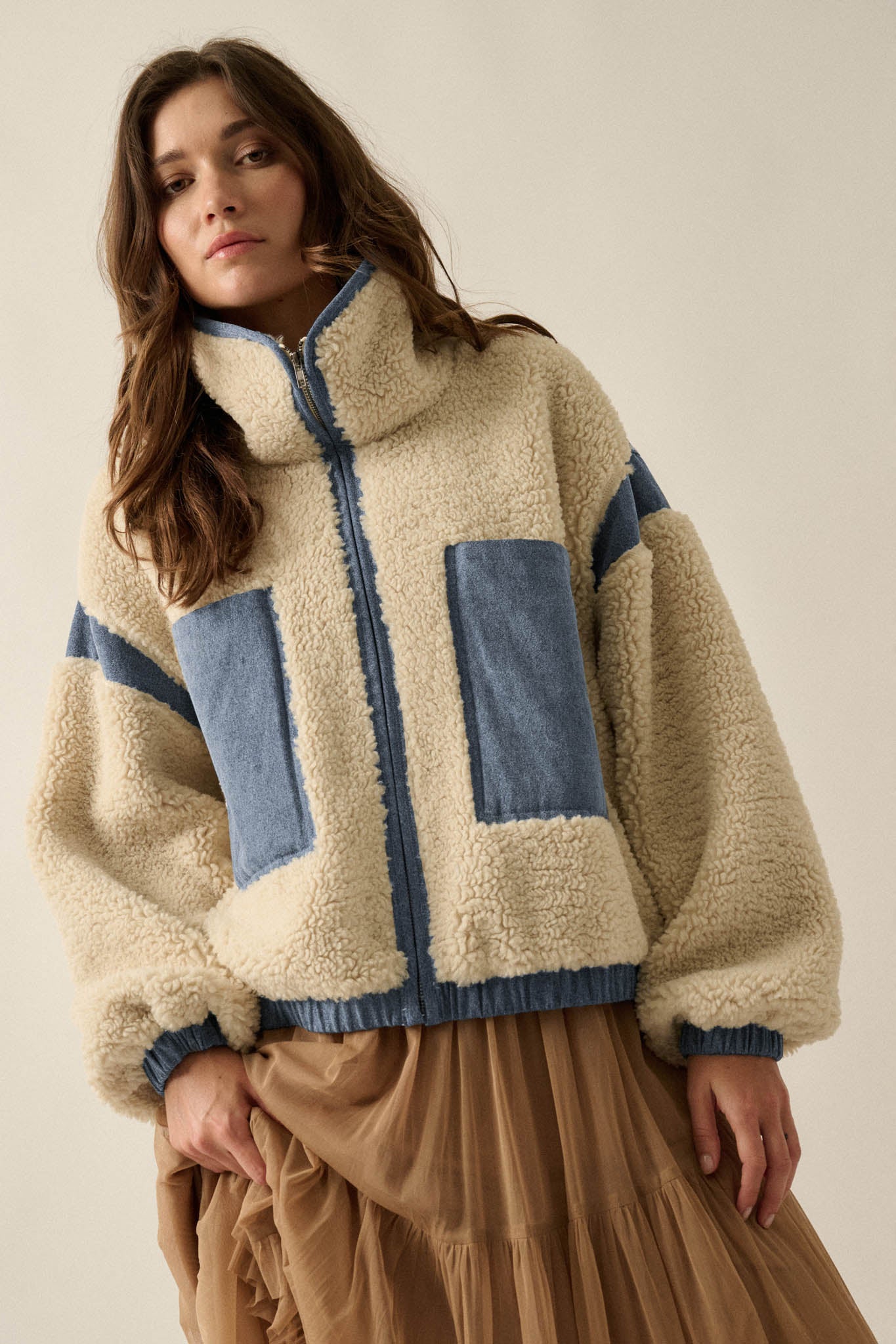 Real Life Fleece and Denim High-Collar Pocket Jacket - ShopPromesa