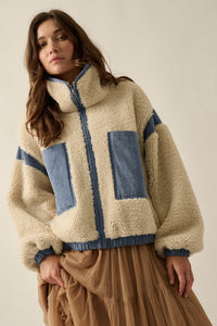 Real Life Fleece and Denim High-Collar Pocket Jacket - ShopPromesa