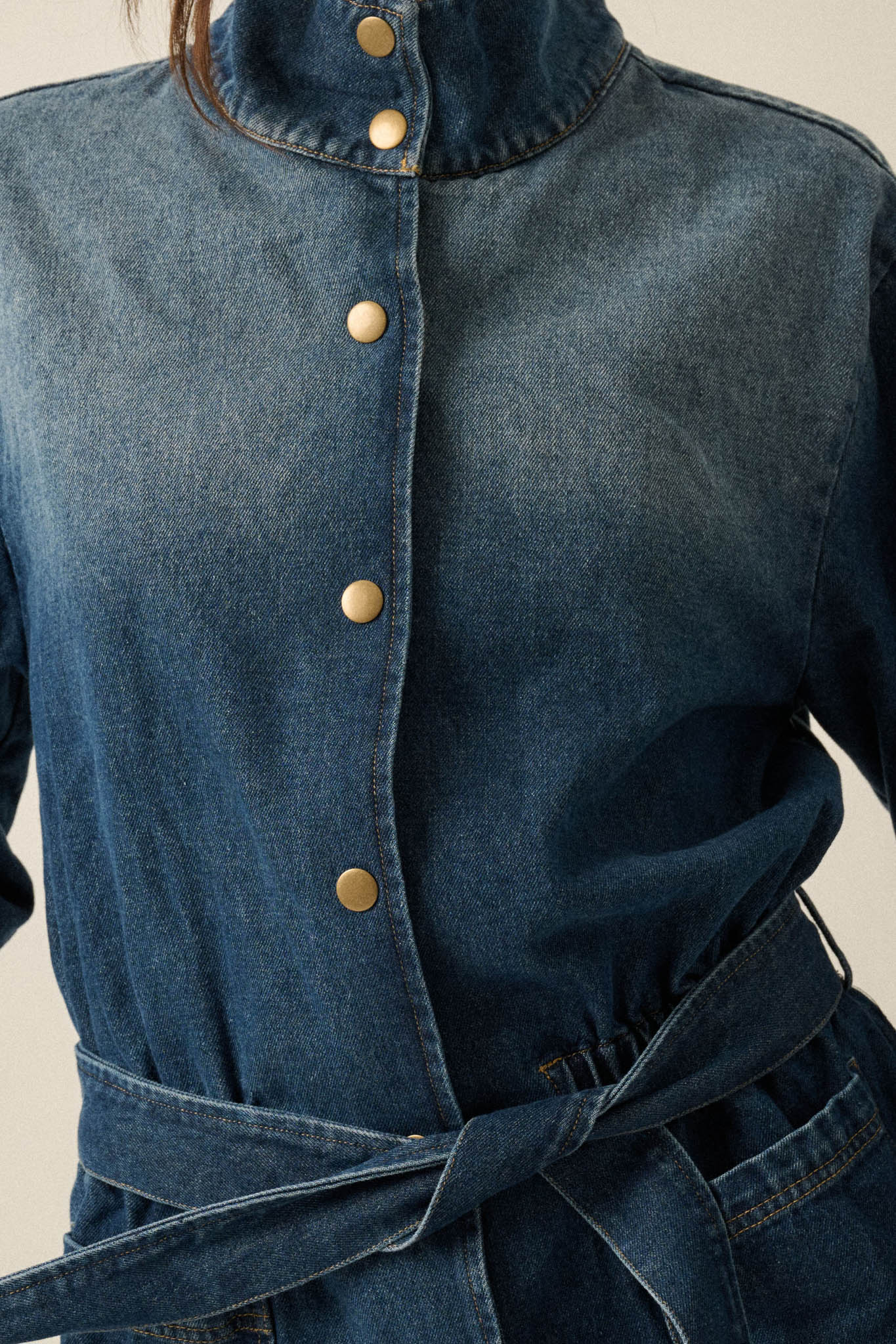 Autumn Skies Ombre Denim High-Collar Belted Jacket - ShopPromesa