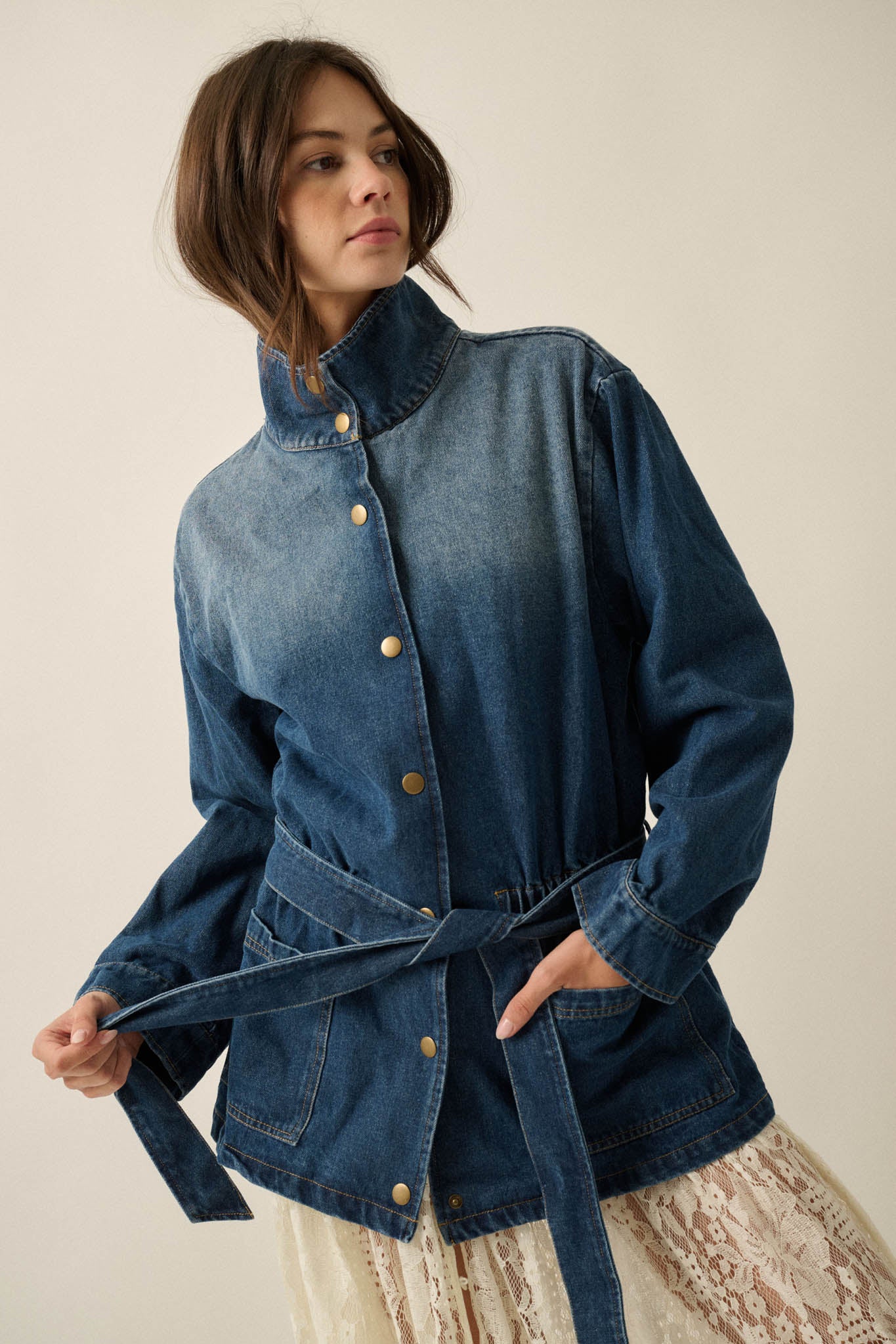 Autumn Skies Ombre Denim High-Collar Belted Jacket - ShopPromesa