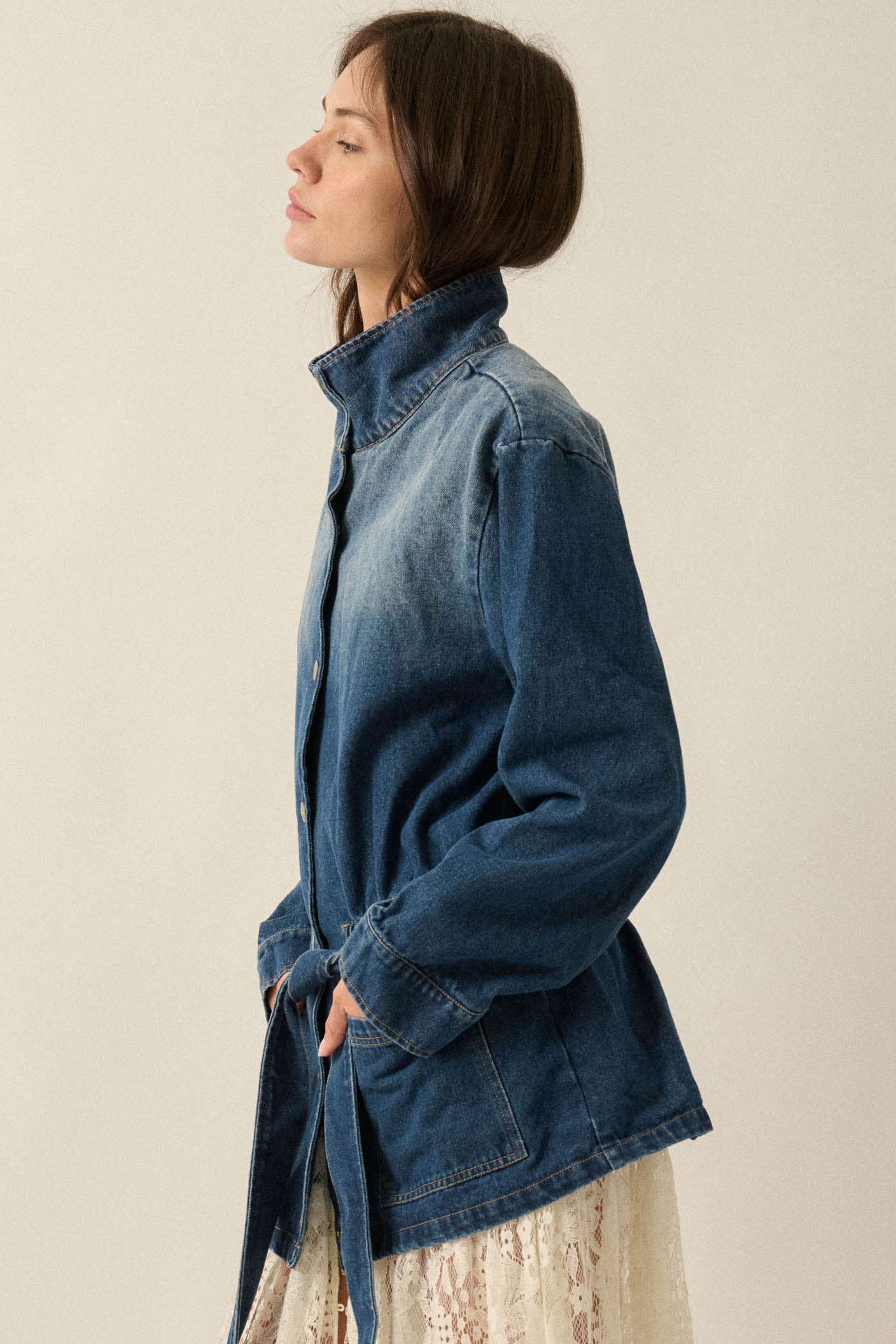 Autumn Skies Ombre Denim High-Collar Belted Jacket - ShopPromesa