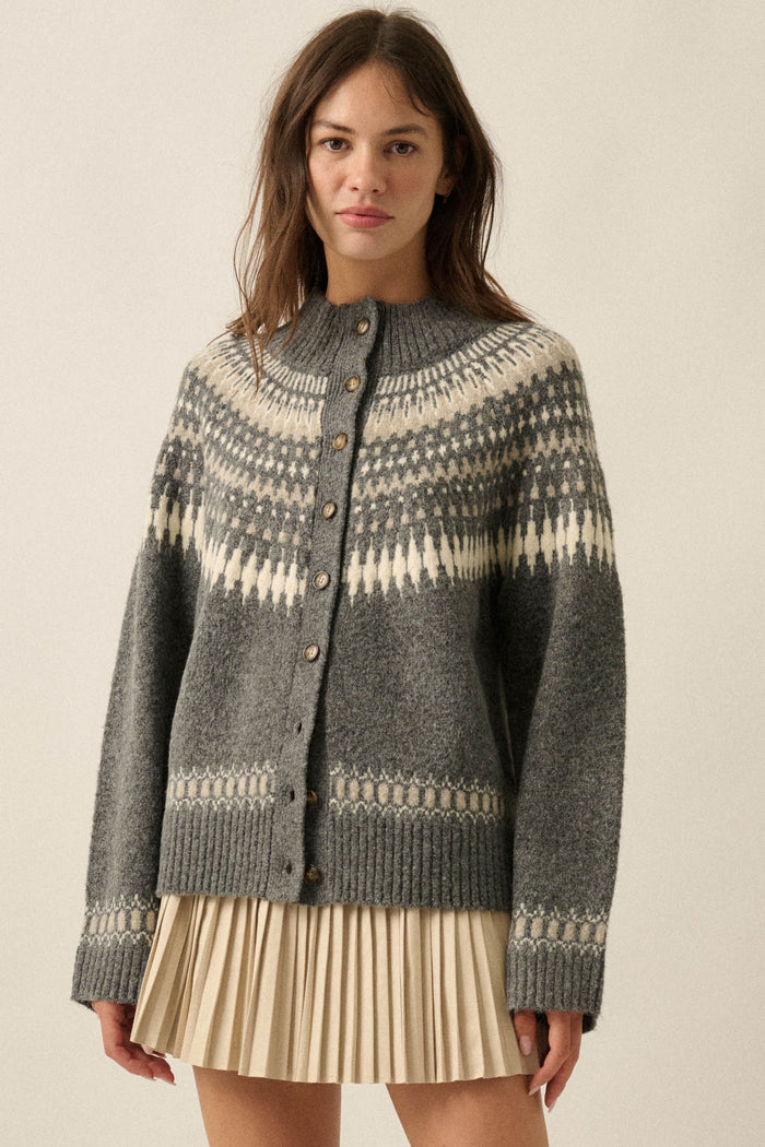 Nordic Trail Fair Isle Mock-Neck Button-Up Cardigan - ShopPromesa