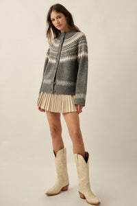 Nordic Trail Fair Isle Mock-Neck Button-Up Cardigan - ShopPromesa