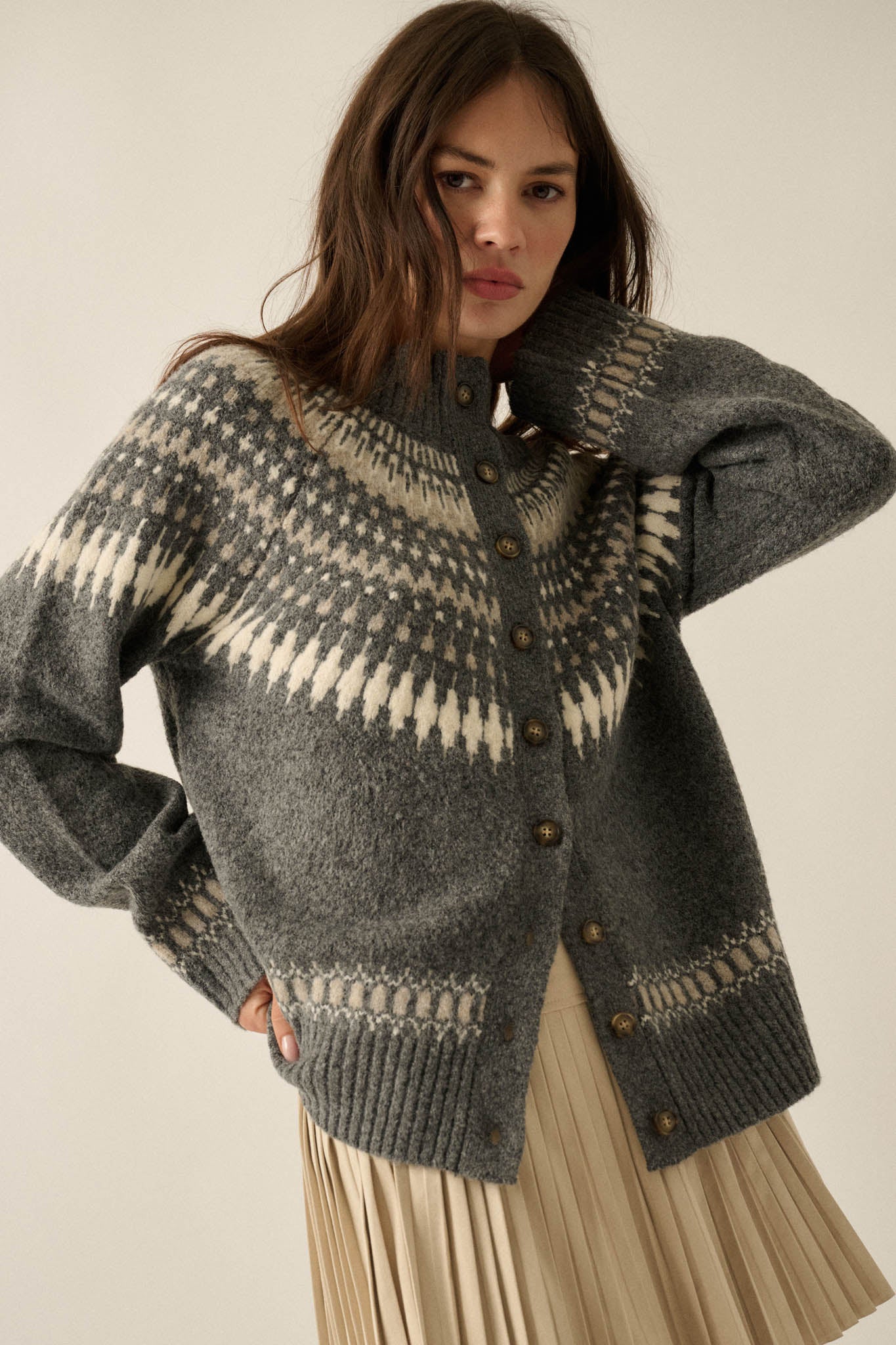Nordic Trail Fair Isle Mock-Neck Button-Up Cardigan - ShopPromesa