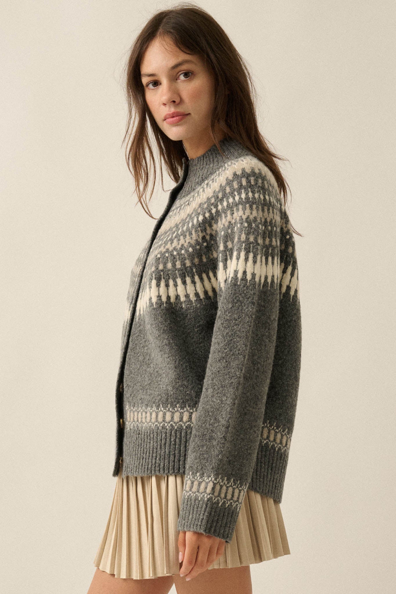 Nordic Trail Fair Isle Mock-Neck Button-Up Cardigan - ShopPromesa