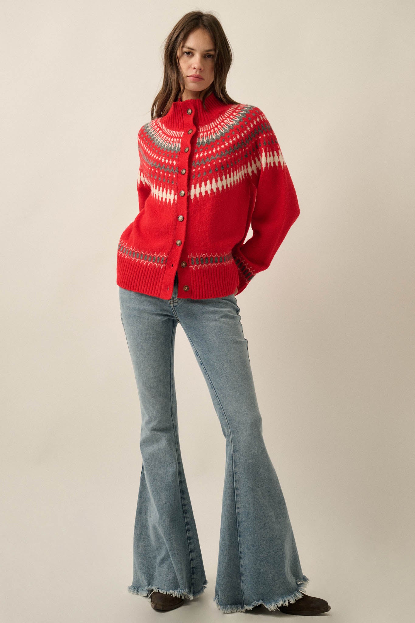 Nordic Trail Fair Isle Mock-Neck Button-Up Cardigan - ShopPromesa