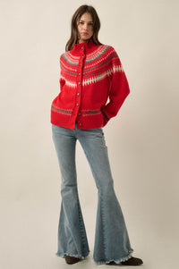 Nordic Trail Fair Isle Mock-Neck Button-Up Cardigan - ShopPromesa
