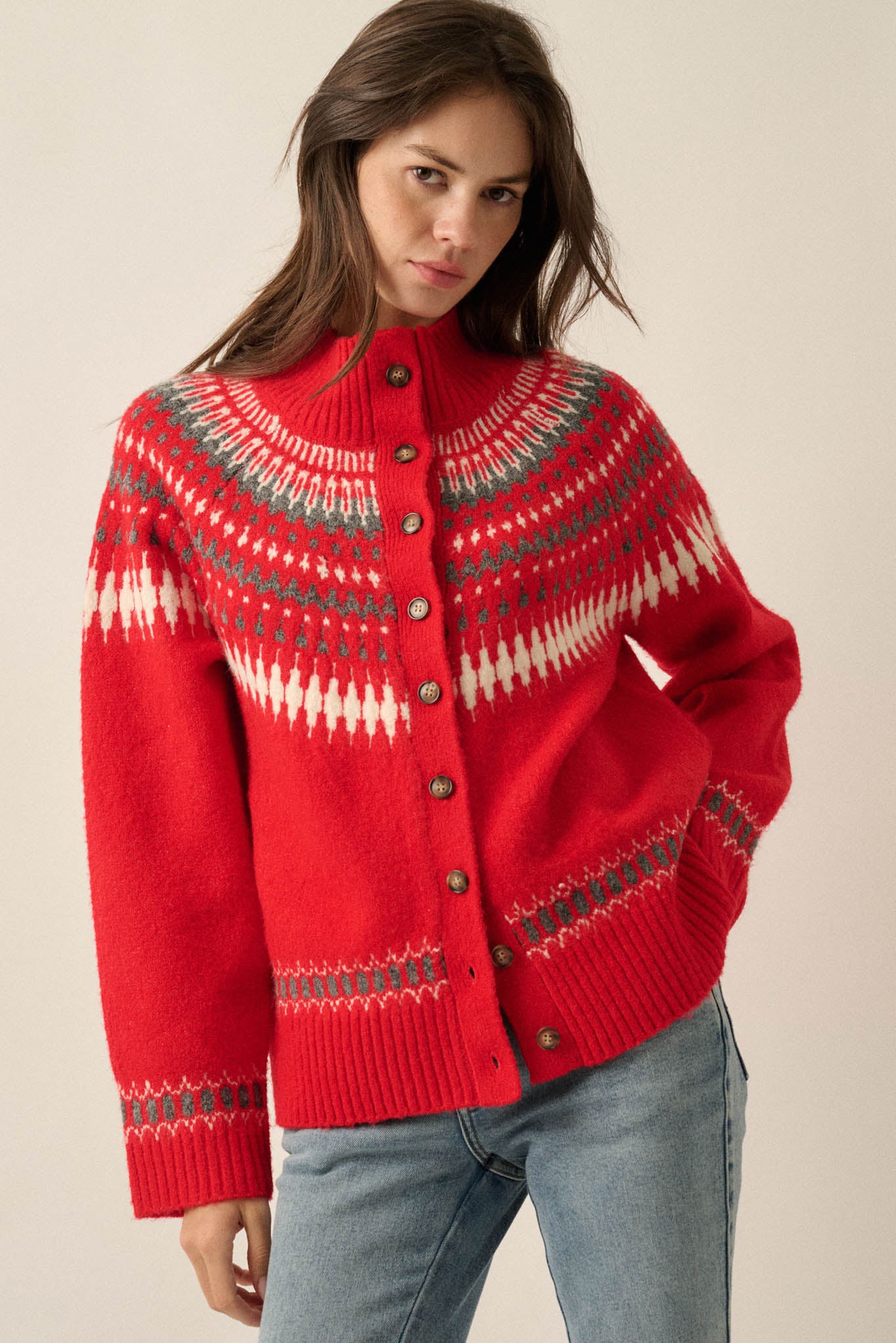 Nordic Trail Fair Isle Mock-Neck Button-Up Cardigan - ShopPromesa