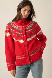 Nordic Trail Fair Isle Mock-Neck Button-Up Cardigan - ShopPromesa