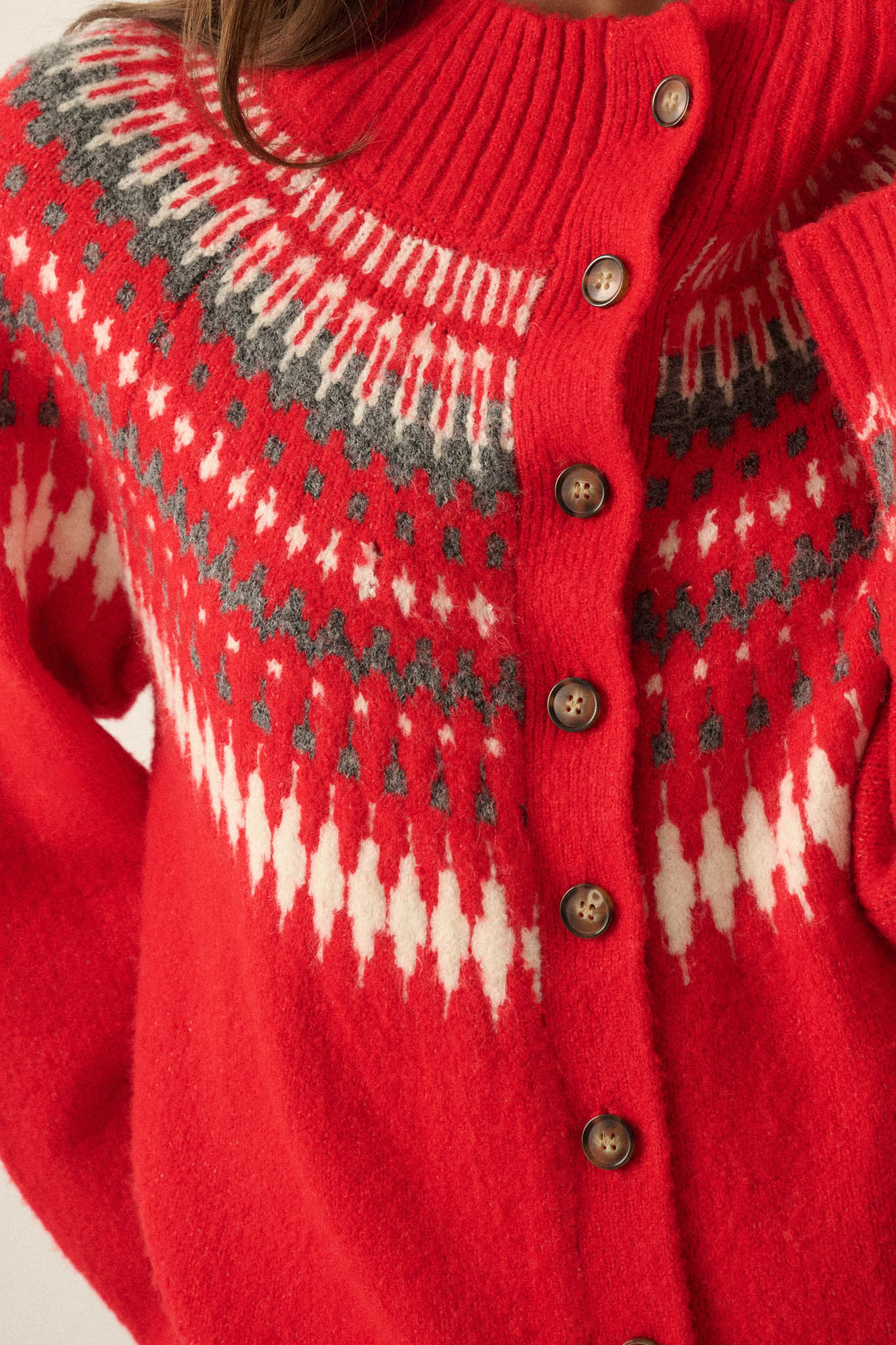 Nordic Trail Fair Isle Mock-Neck Button-Up Cardigan - ShopPromesa