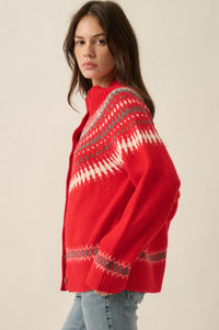 Nordic Trail Fair Isle Mock-Neck Button-Up Cardigan - ShopPromesa