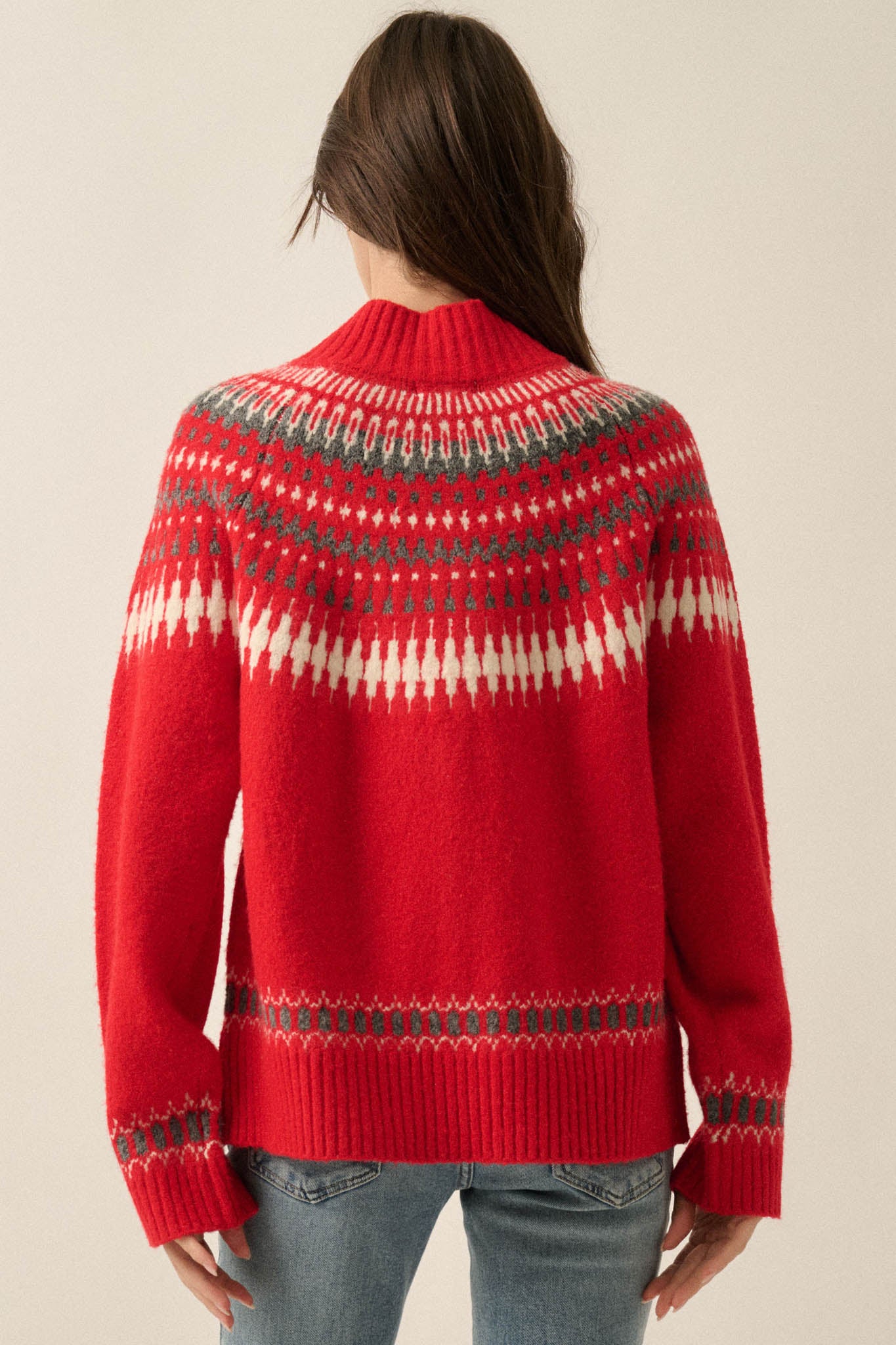 Nordic Trail Fair Isle Mock-Neck Button-Up Cardigan - ShopPromesa
