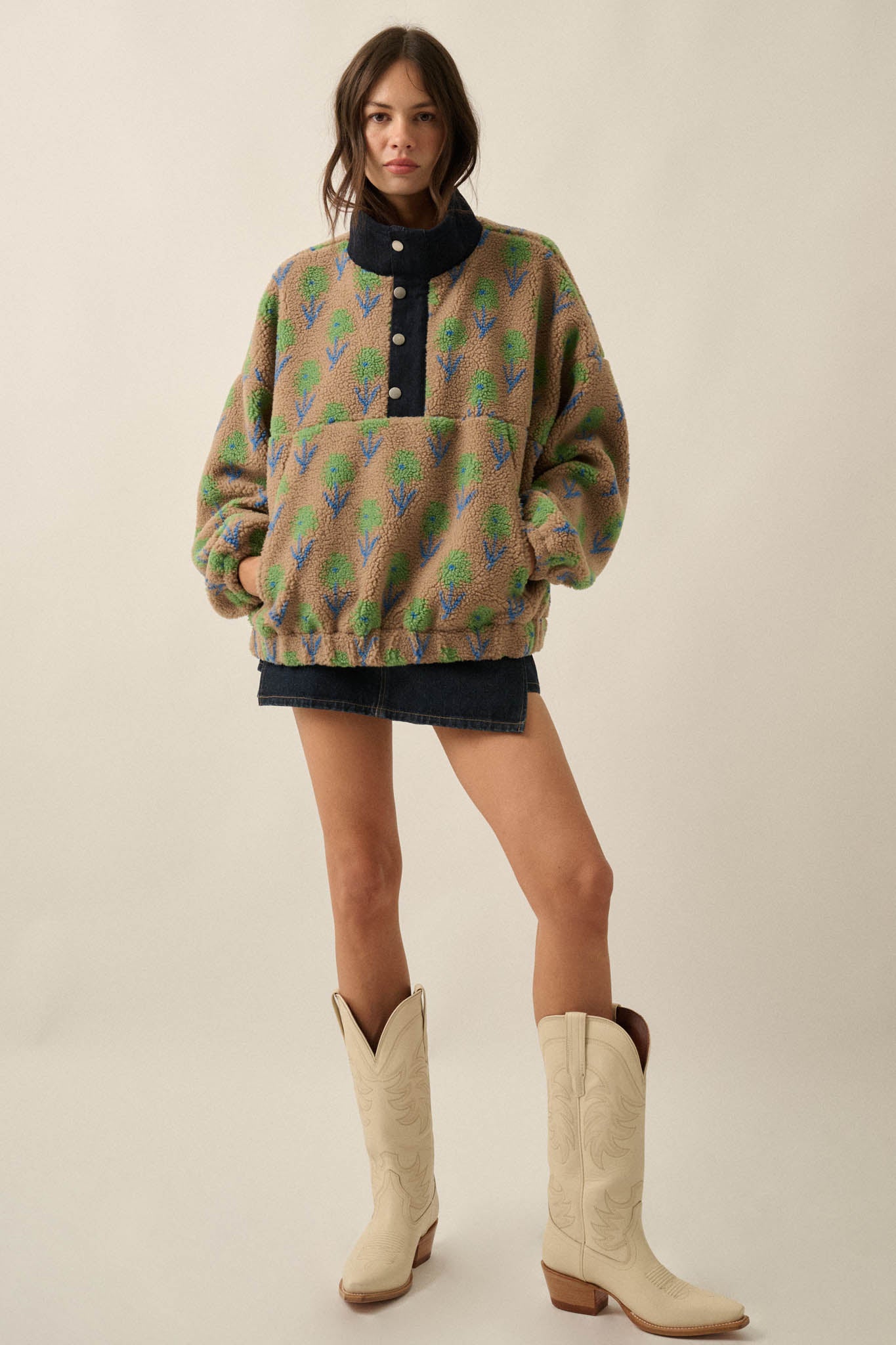 Winter Blooms Floral-Print Fleece Pullover Jacket - ShopPromesa