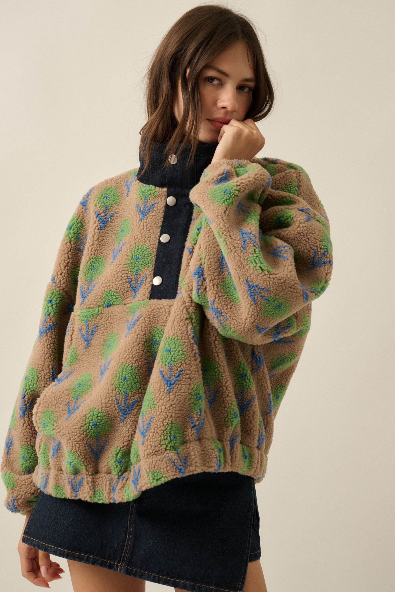 Winter Blooms Floral-Print Fleece Pullover Jacket - ShopPromesa