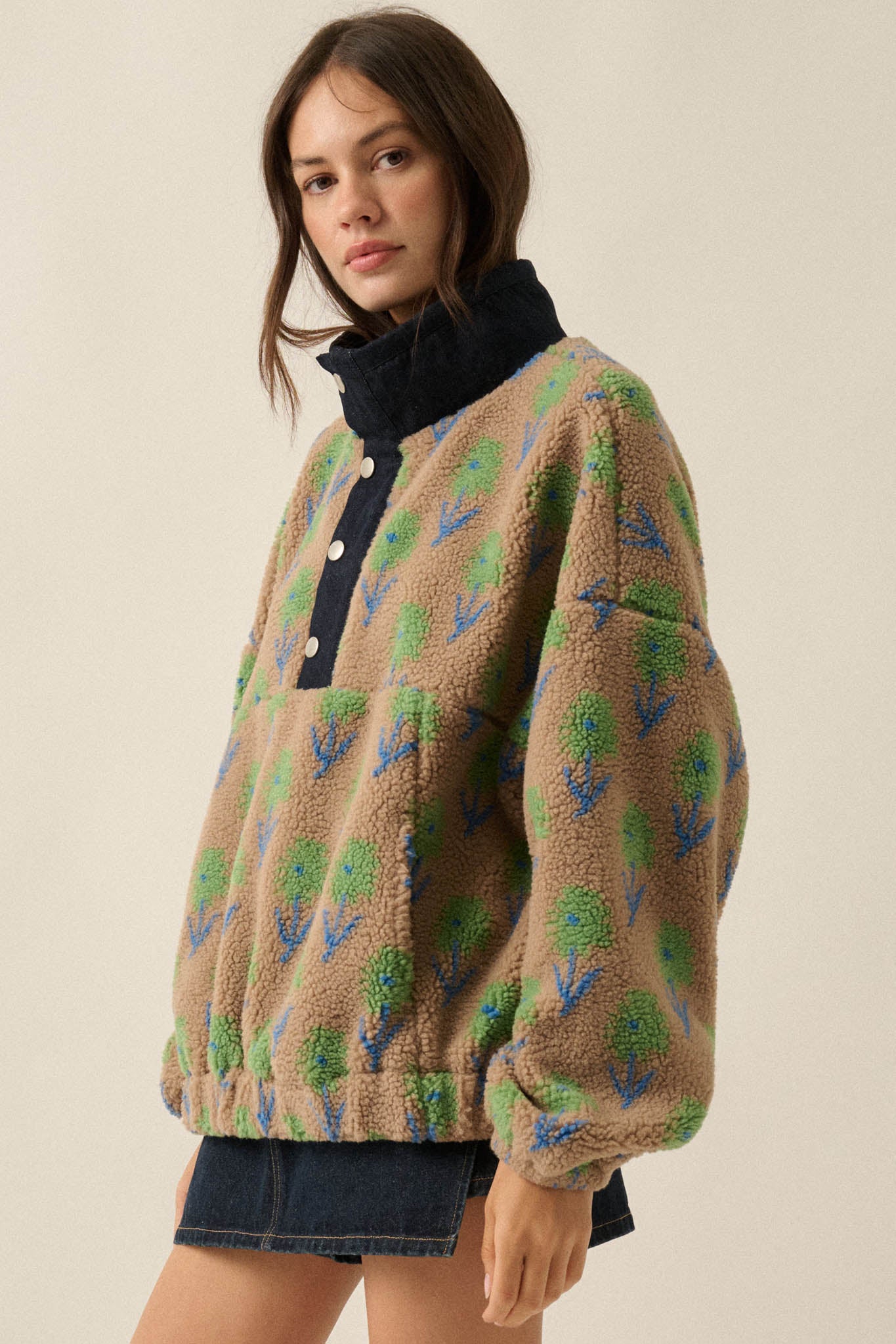 Winter Blooms Floral-Print Fleece Pullover Jacket - ShopPromesa