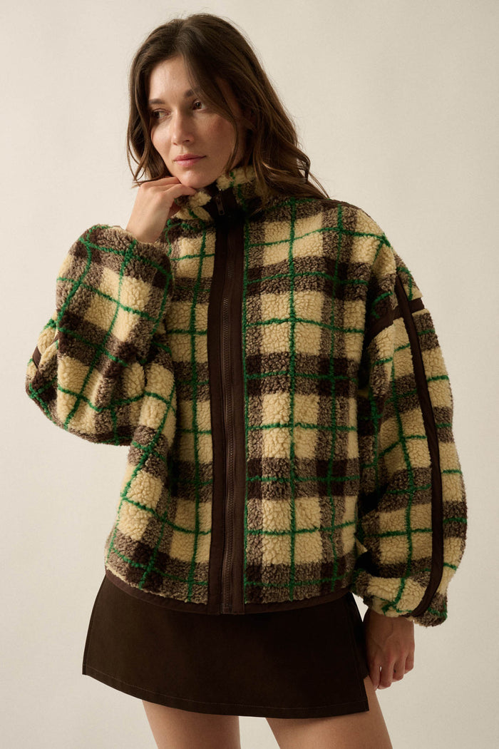 Homeward Bound Plaid Sherpa Fleece Zip-Up Jacket - ShopPromesa