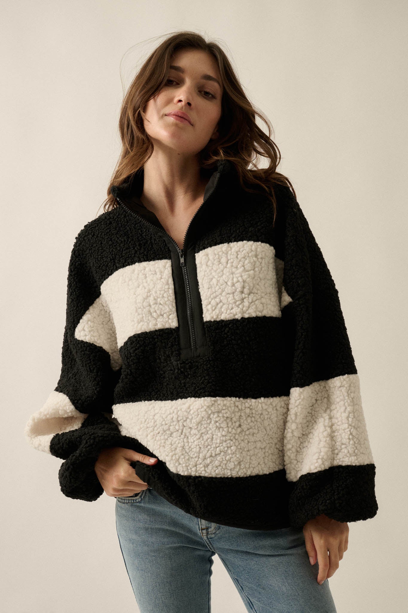 Level Best Striped Fleece Half-Zip Pullover Jacket - ShopPromesa