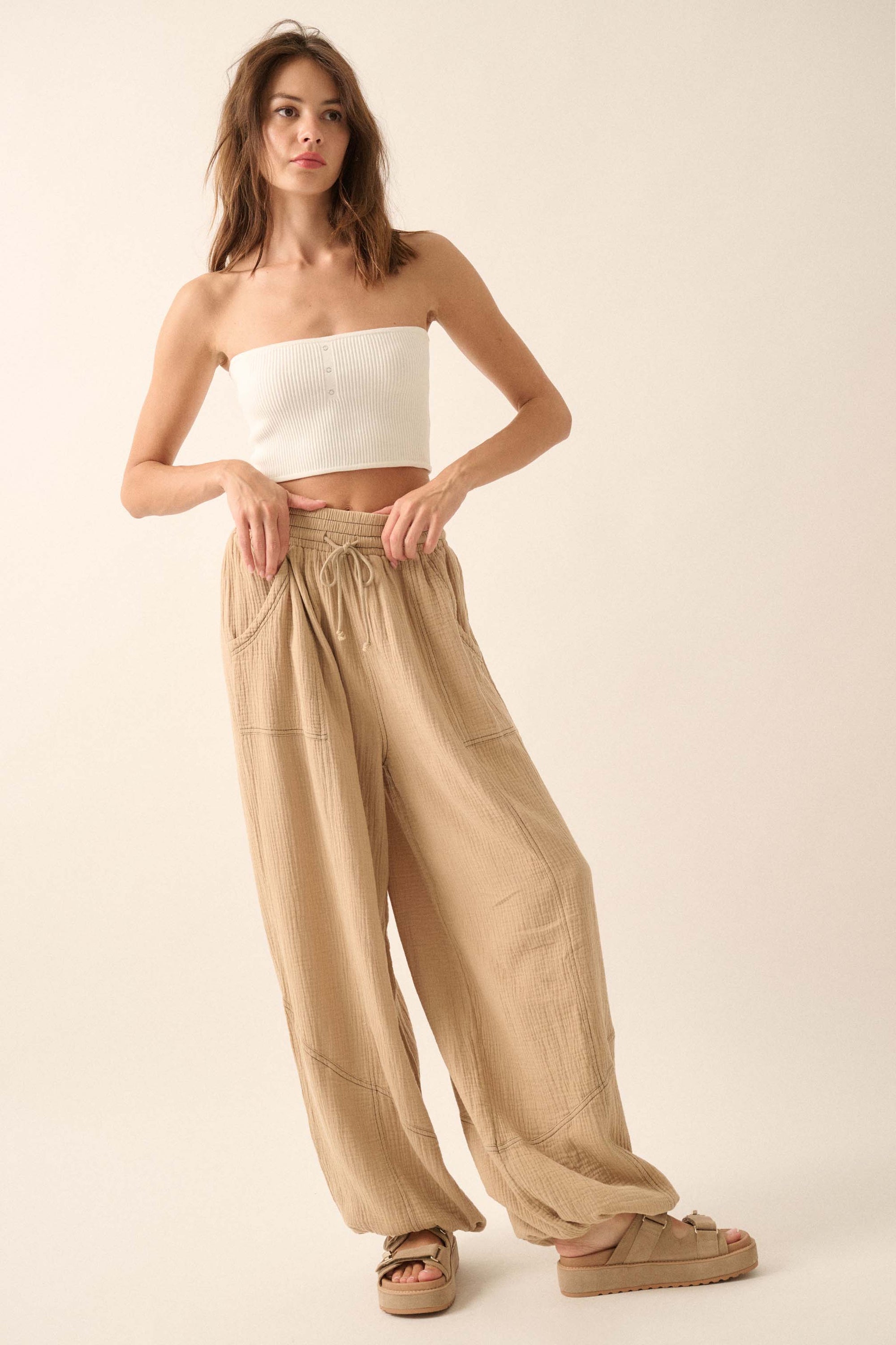 Jump In Crinkle Cotton Drawstring Parachute Pants