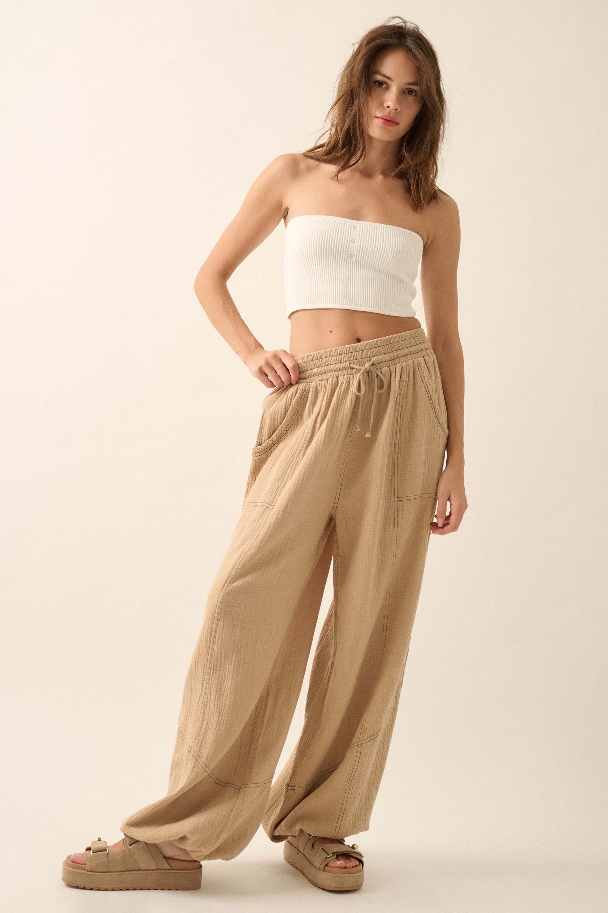 Jump In Crinkle Cotton Drawstring Parachute Pants