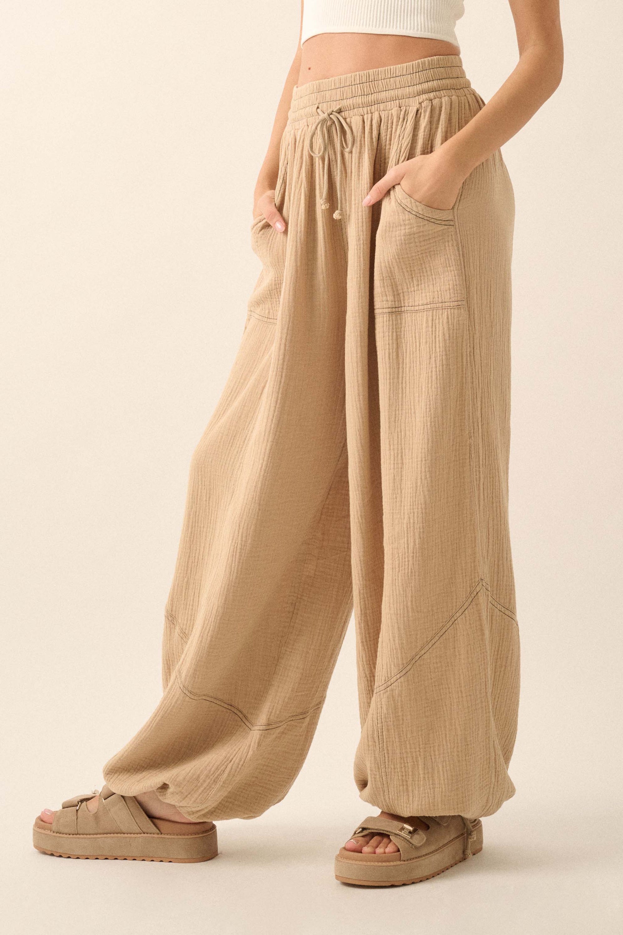 Jump In Crinkle Cotton Drawstring Parachute Pants