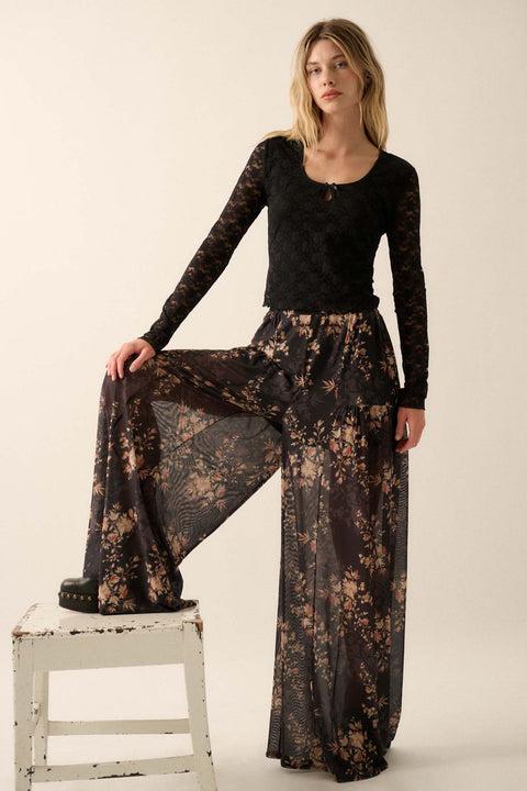 Whispering Blooms Floral Mesh Wide-Leg Pants - ShopPromesa