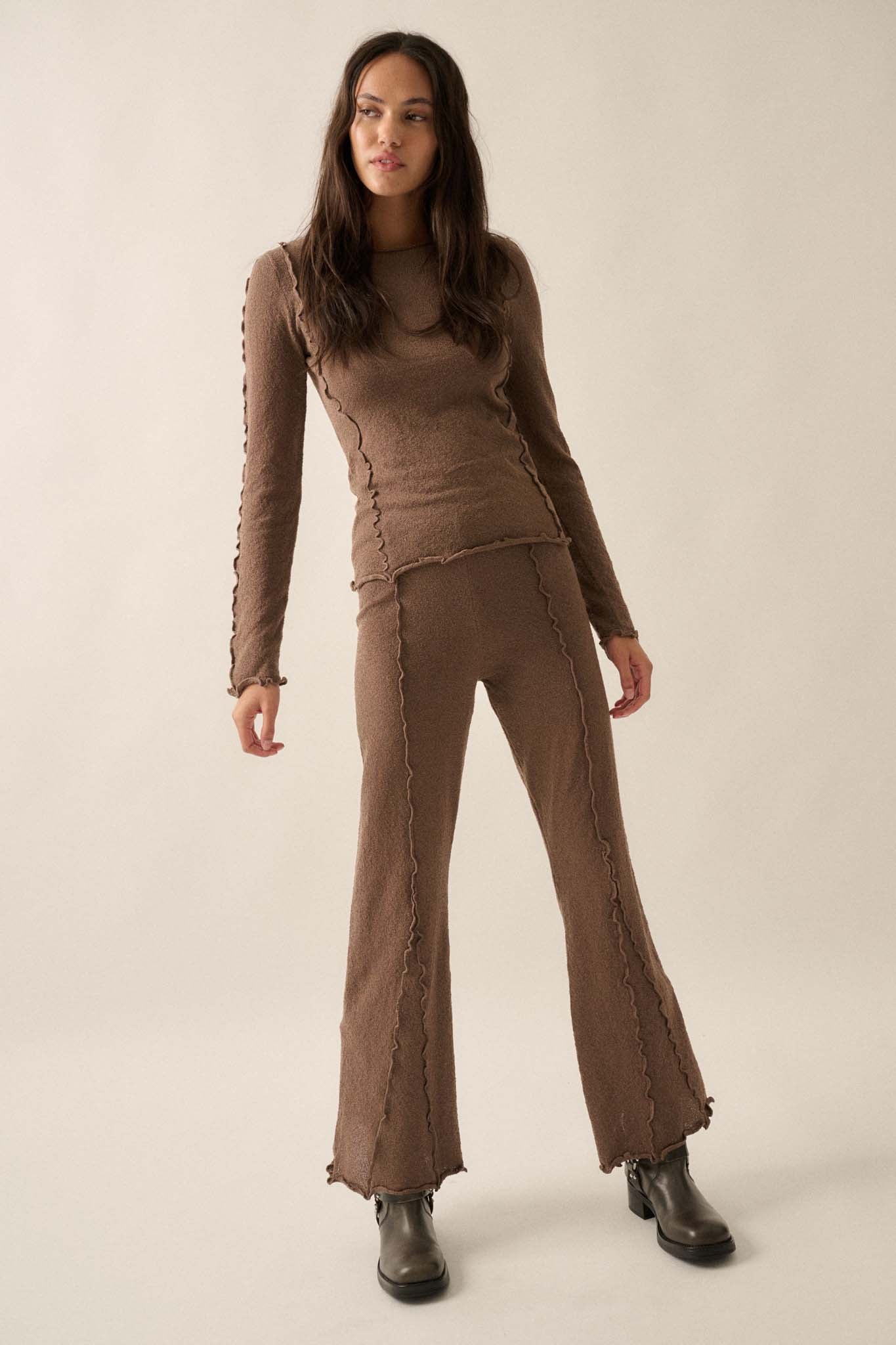 Well Grounded Textured Exposed-Seam Flare Pants - ShopPromesa