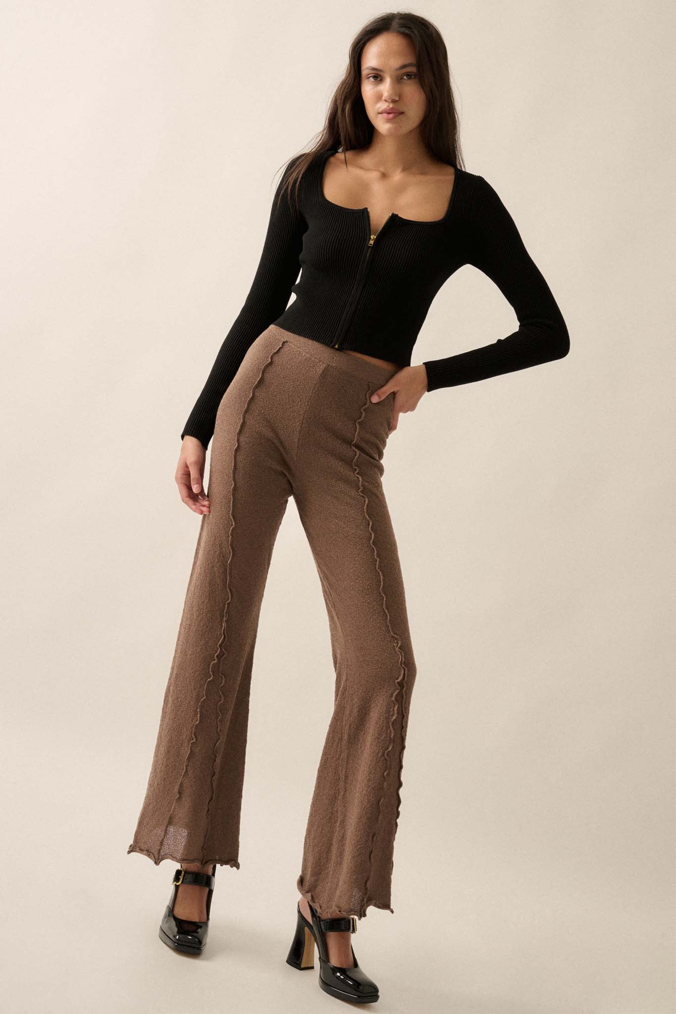 Well Grounded Textured Exposed-Seam Flare Pants - ShopPromesa