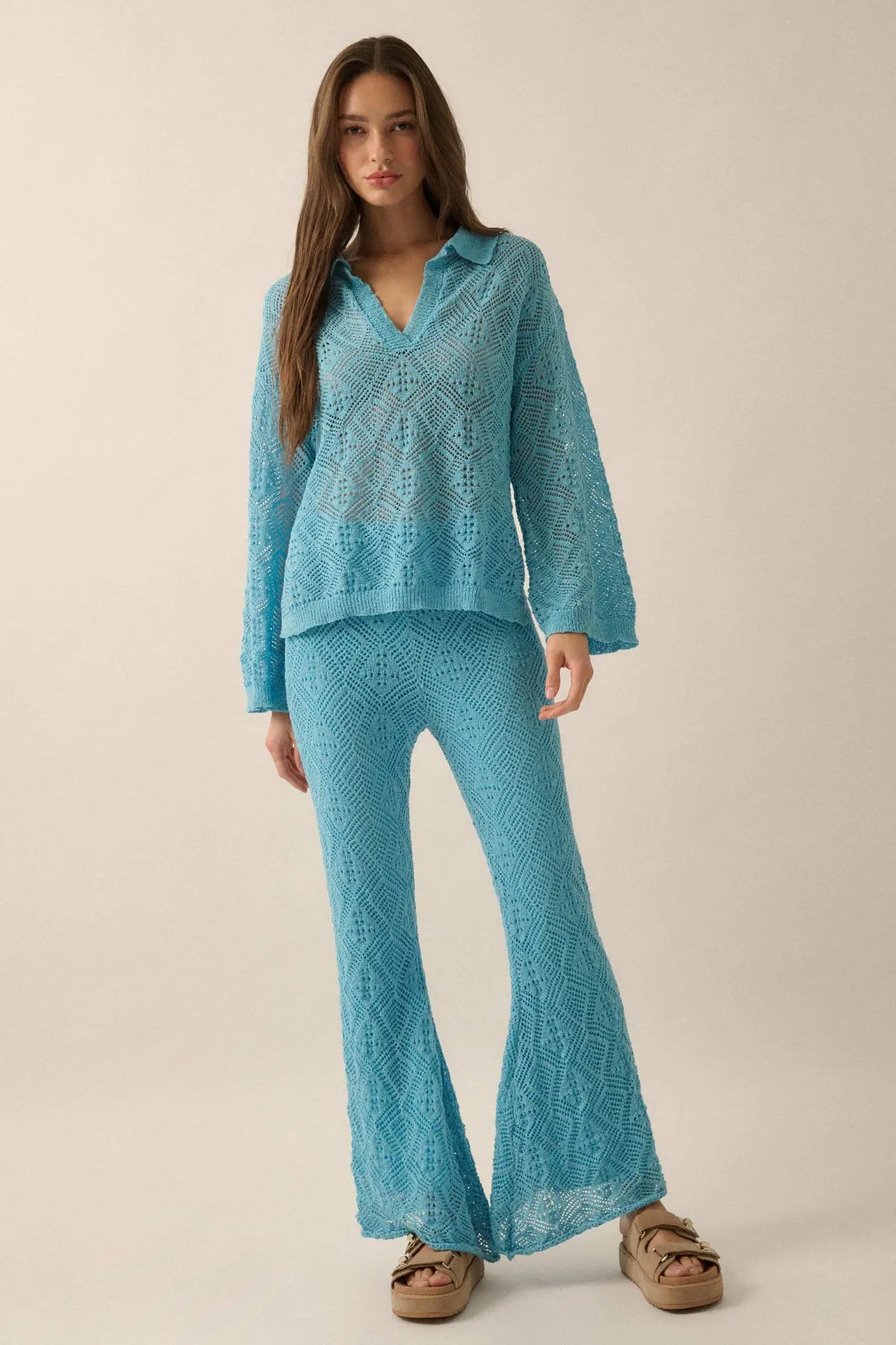 Dancing Diamonds Pointelle Crochet-Knit Pants - ShopPromesa