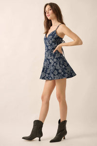 Blooming Blues Floral Jacquard Denim Romper - ShopPromesa