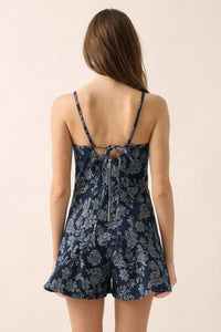 Blooming Blues Floral Jacquard Denim Romper - ShopPromesa
