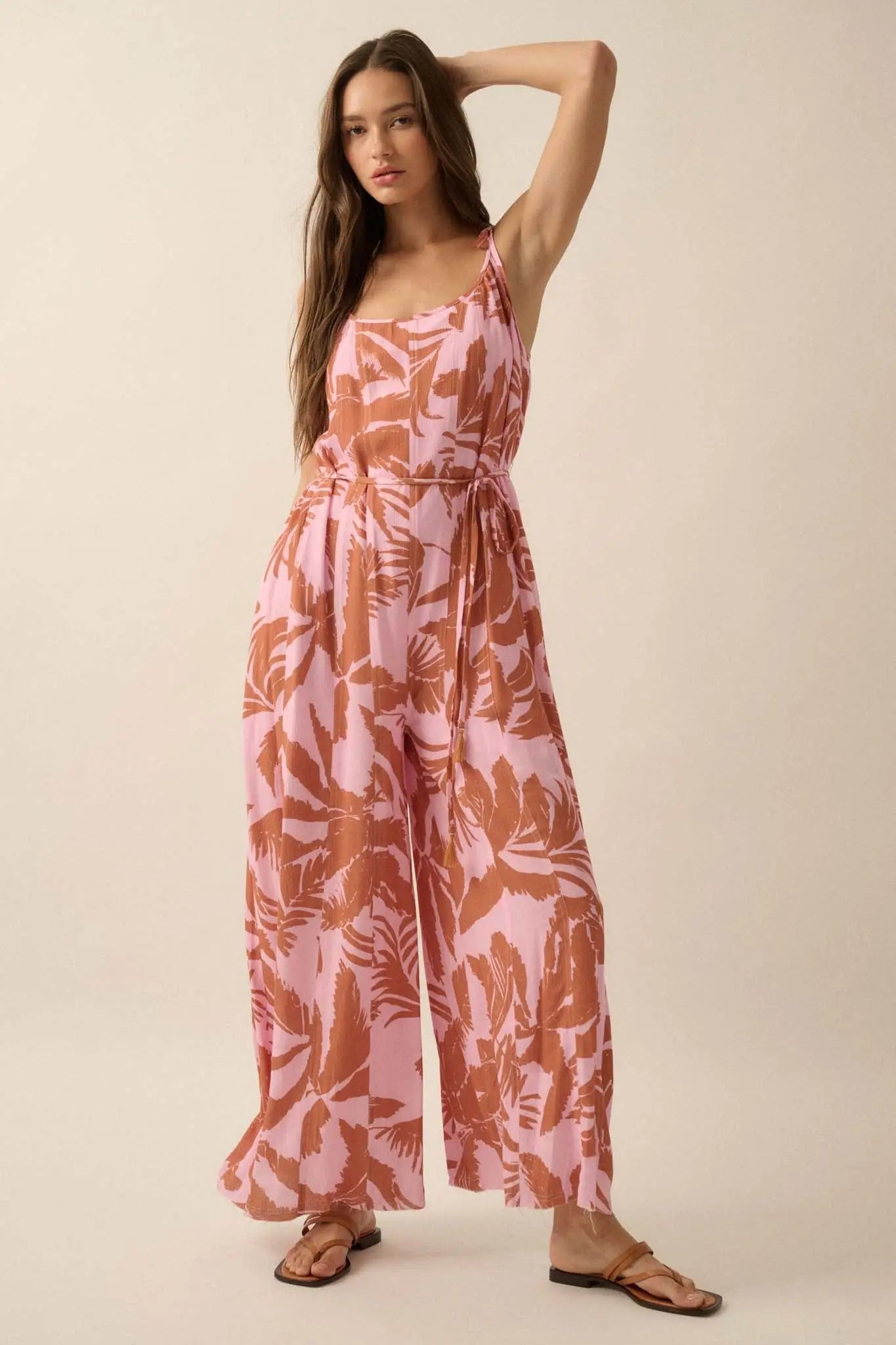 Leaf Me Be Tropical Belted Wide-Leg Jumpsuit - ShopPromesa