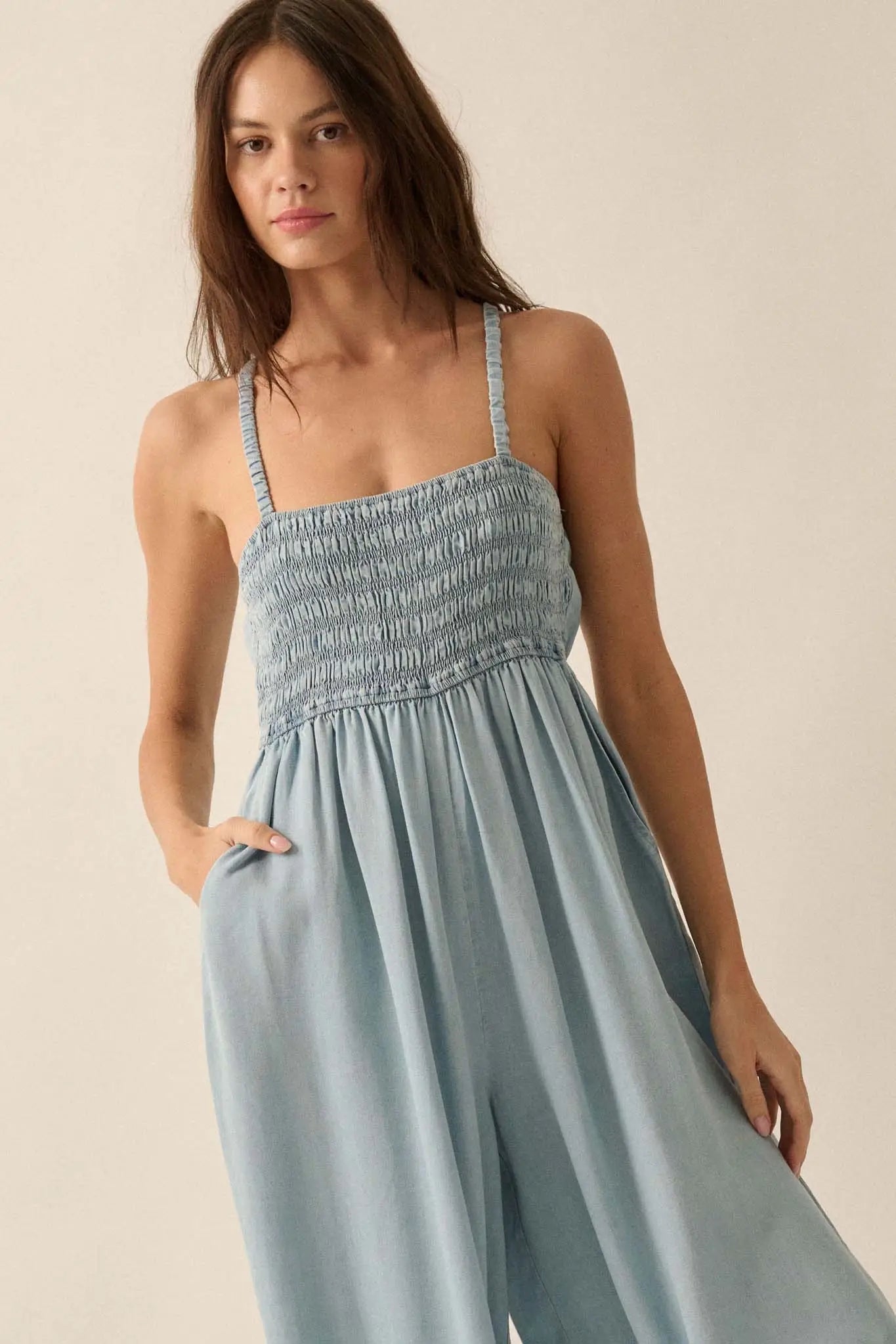 Into the Blue Smocked Denim Wide-Leg Jumpsuit - ShopPromesa