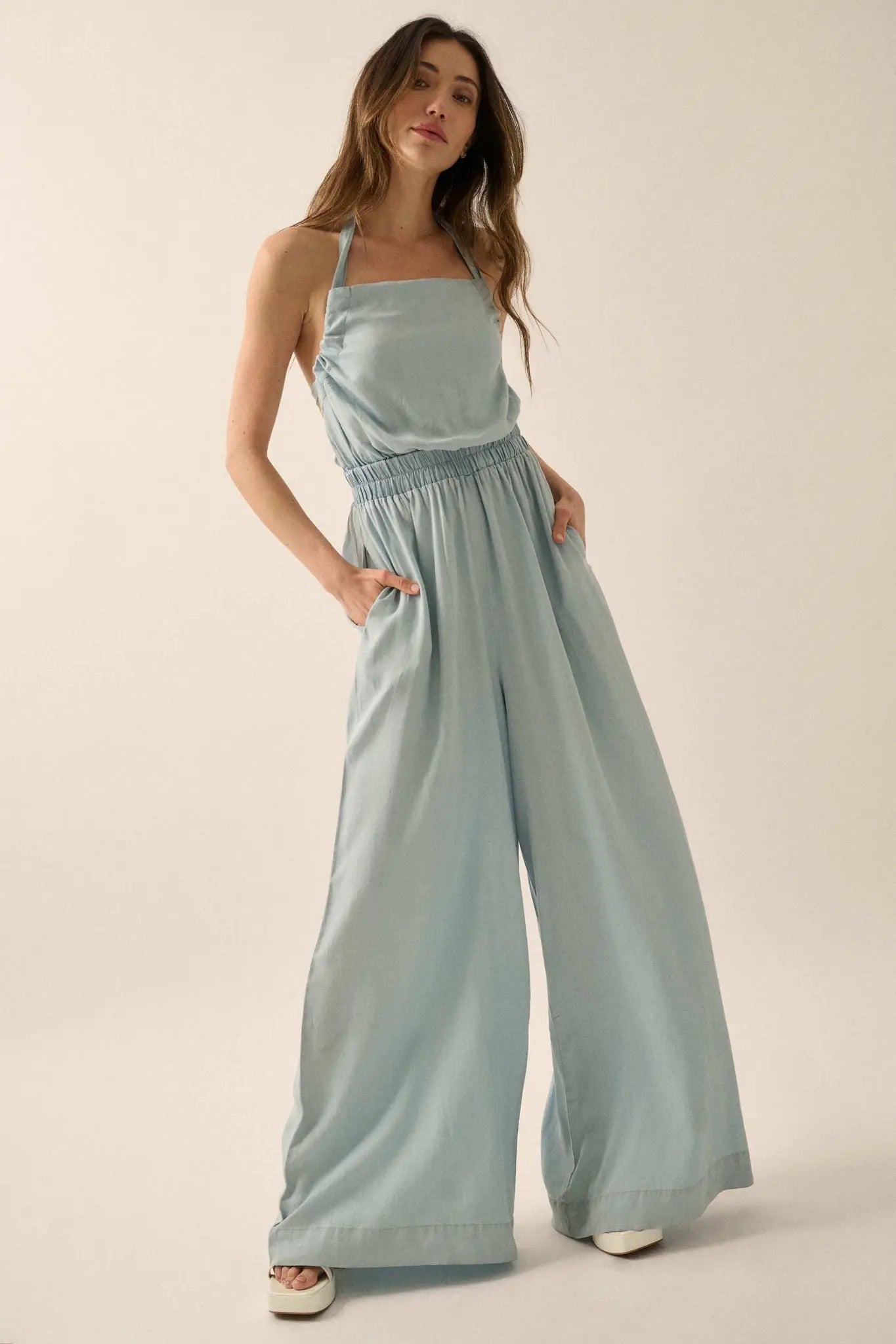 Perfect Skies Denim Wide-Leg Halter Jumpsuit - ShopPromesa