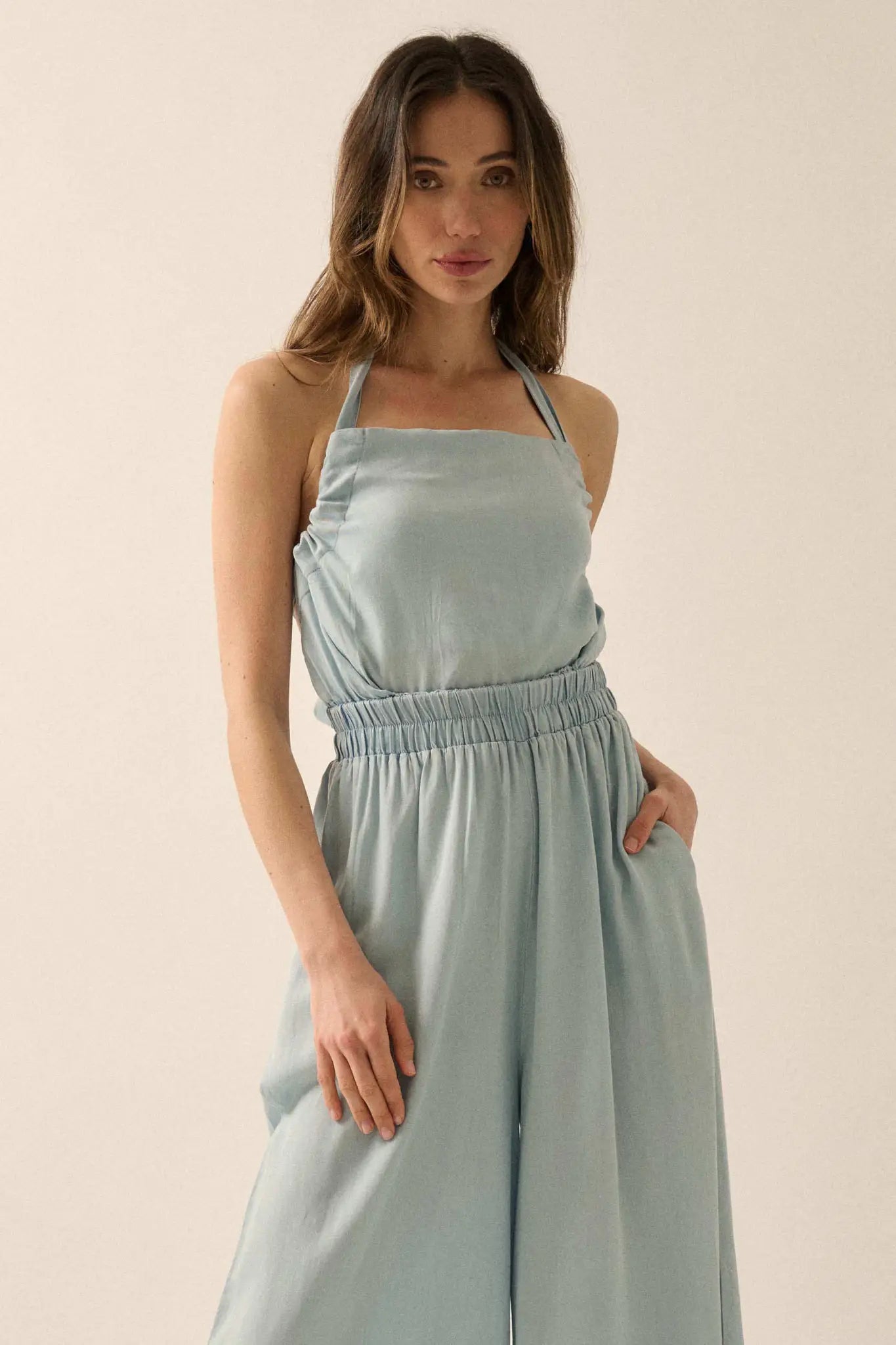 Perfect Skies Denim Wide-Leg Halter Jumpsuit - ShopPromesa
