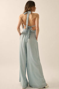 Perfect Skies Denim Wide-Leg Halter Jumpsuit - ShopPromesa