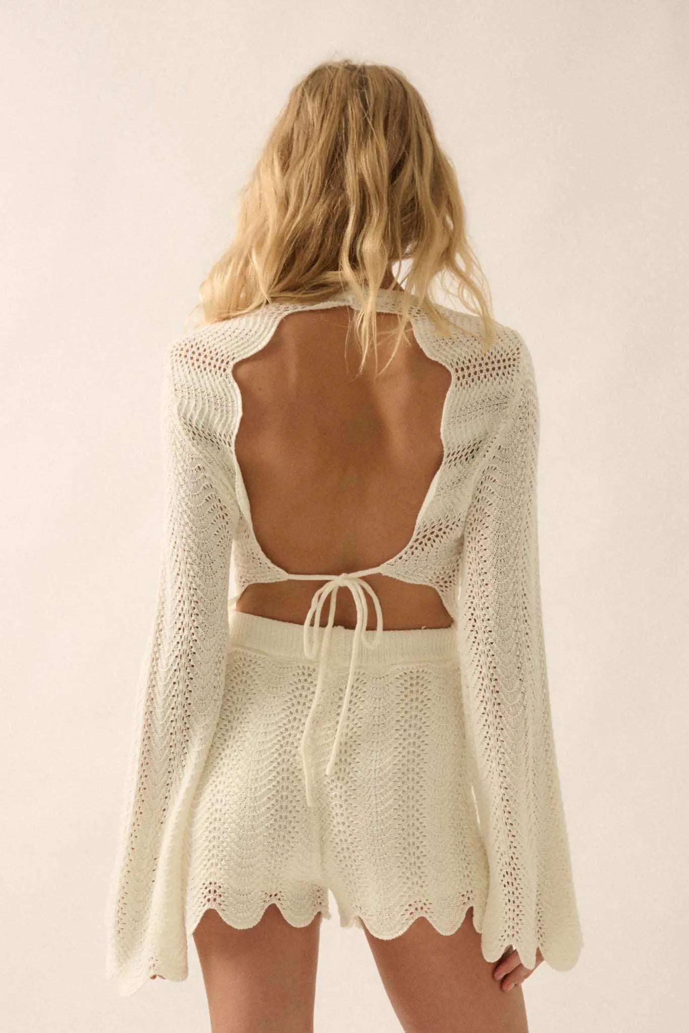 Kick Back Crochet Bell-Sleeve Open-Back Romper Off White / S Kick Back Crochet Bell-Sleeve Open-Back Romper Off White / S