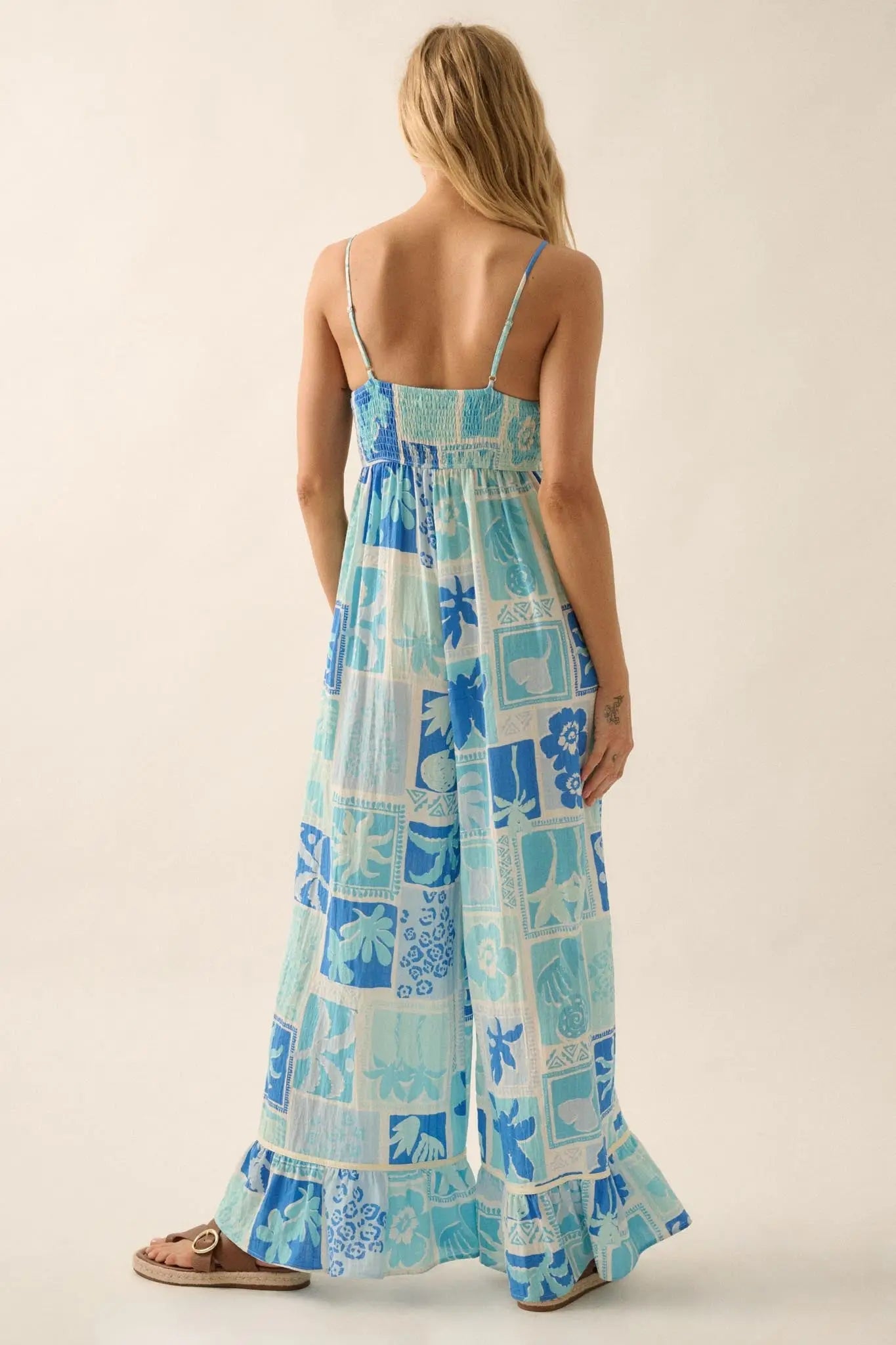 Flower Ruffle Jumpsuit Escape Plan Tropical Floral Ruffle-Hem Jumpsuit