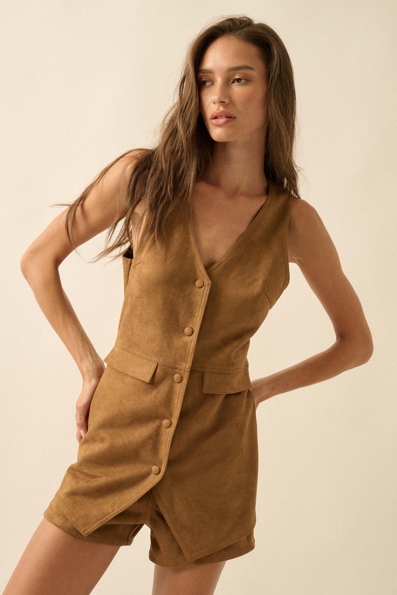 Days Like This Vegan Suede Sleeveless Vest Romper - ShopPromesa