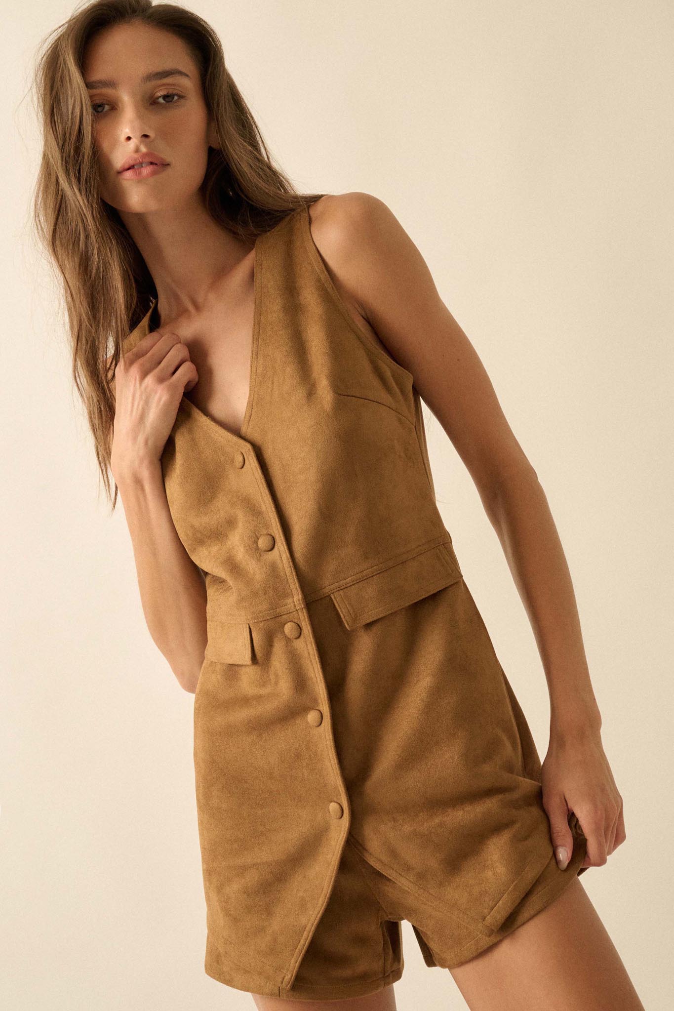 Days Like This Vegan Suede Sleeveless Vest Romper - ShopPromesa