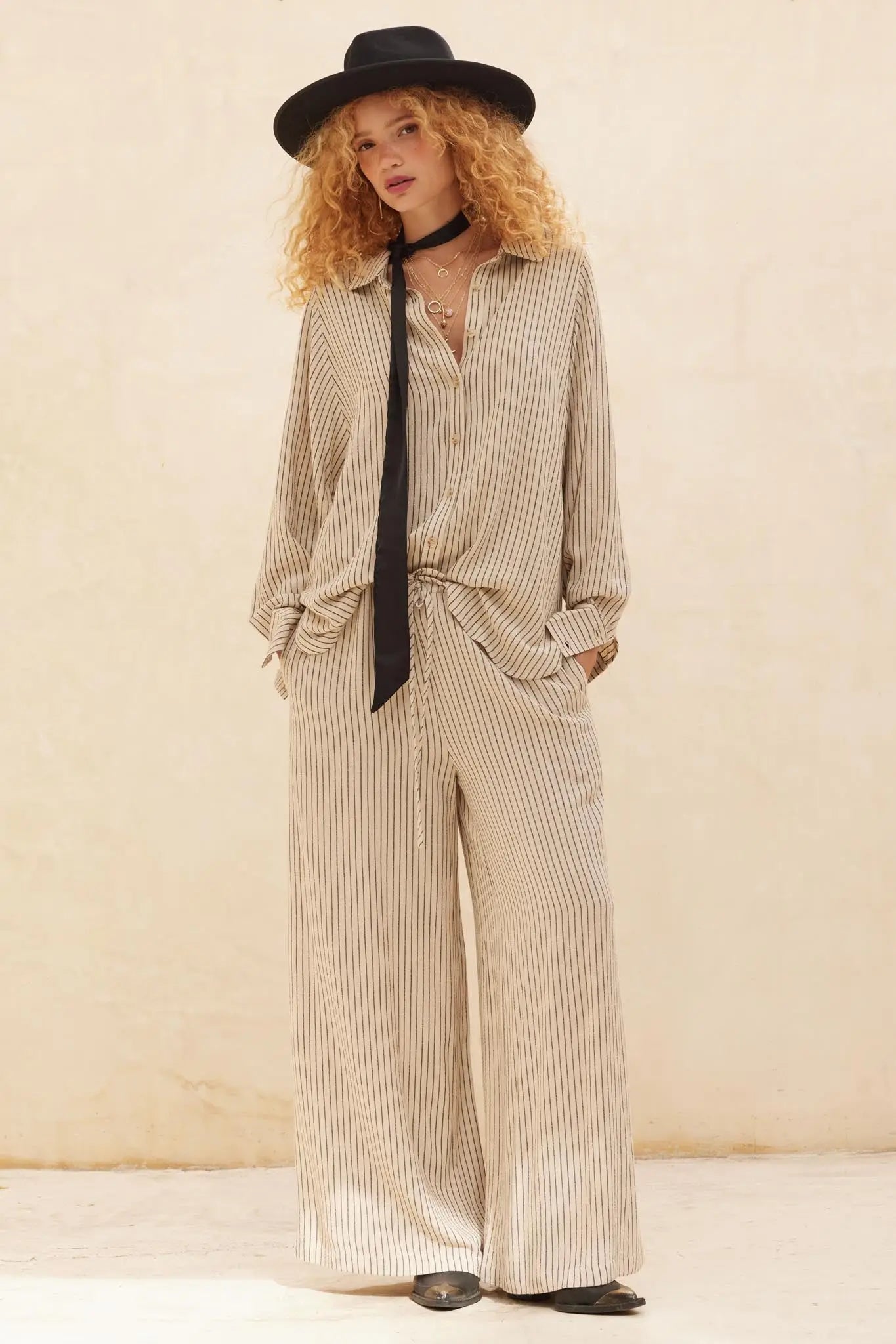 Line Drive Pinstripe Wide-Leg Drawstring Pants - ShopPromesa