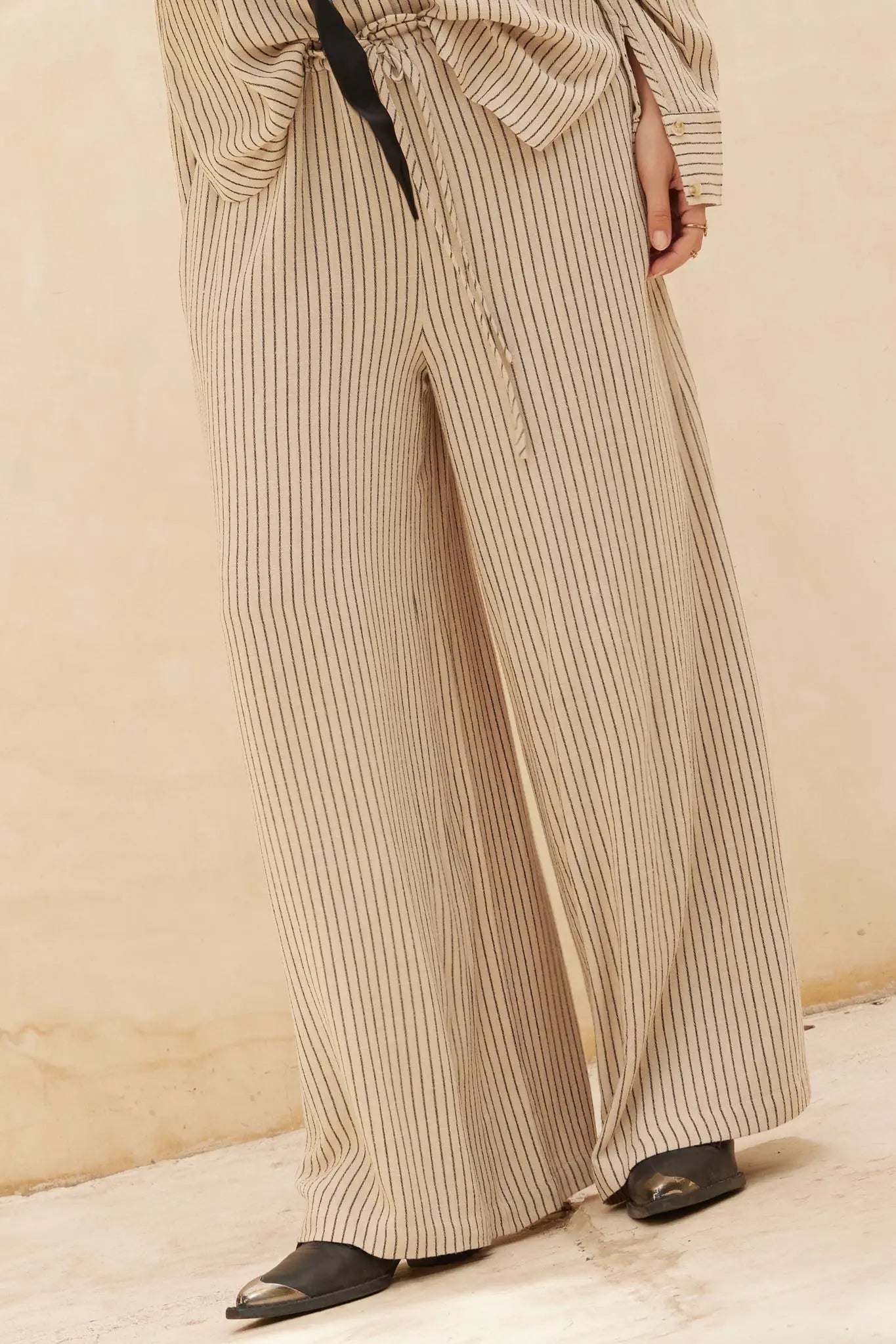 Line Drive Pinstripe Wide-Leg Drawstring Pants - ShopPromesa