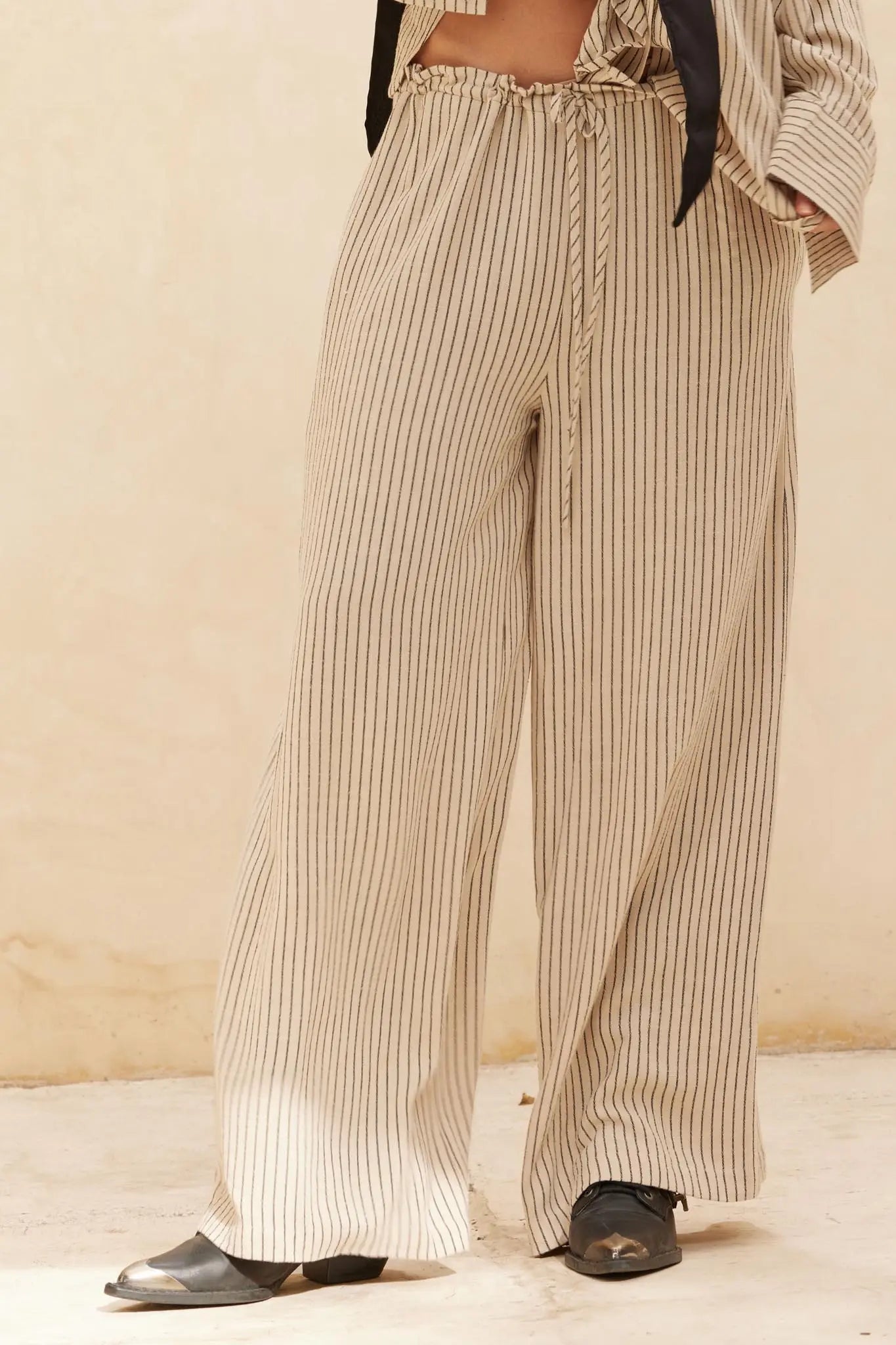 Line Drive Pinstripe Wide-Leg Drawstring Pants - ShopPromesa