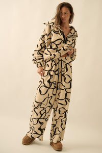 All Tied Up Bow-Print Fleece Wide-Leg Pants - ShopPromesa