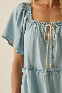 Skies Above Denim Tie-Neck Flutter-Sleeve Romper - ShopPromesa