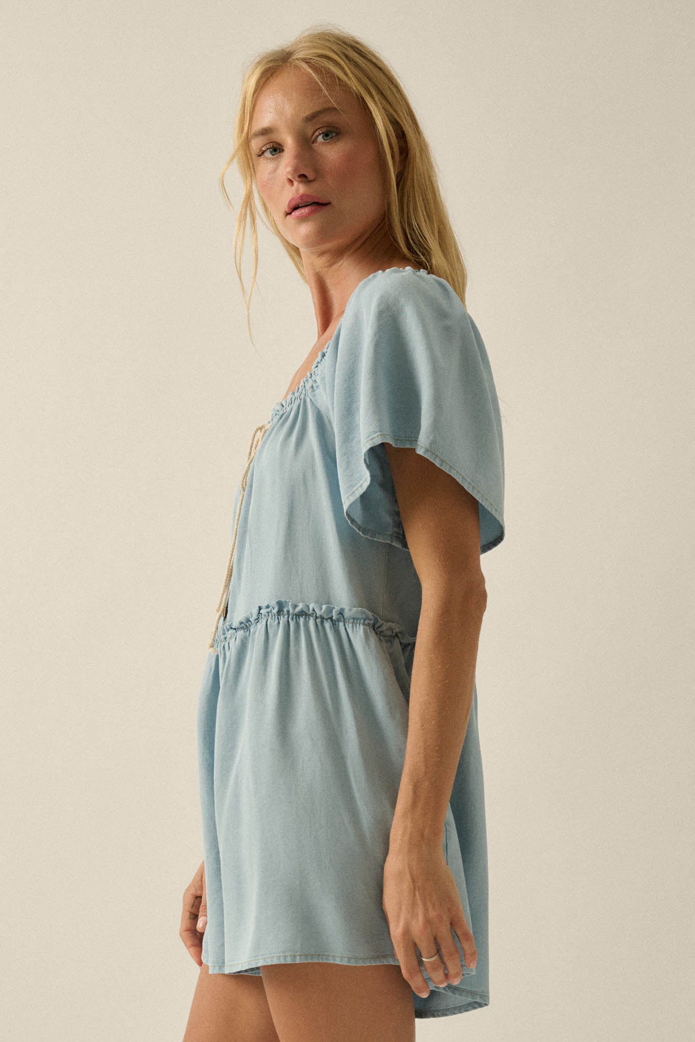 Skies Above Denim Tie-Neck Flutter-Sleeve Romper - ShopPromesa
