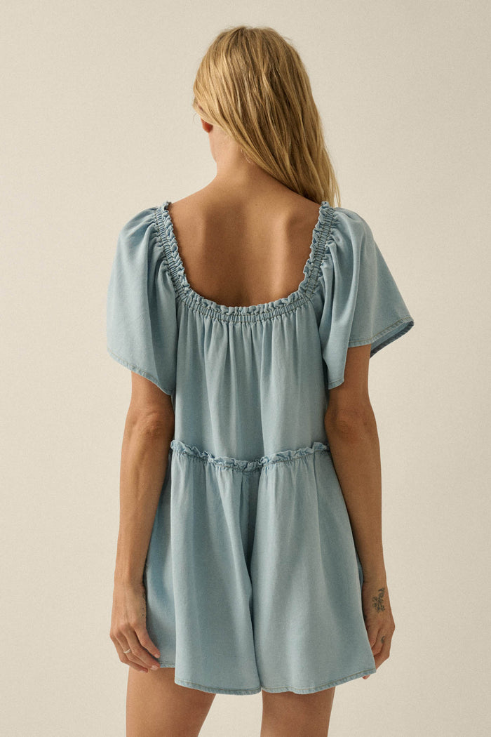 Skies Above Denim Tie-Neck Flutter-Sleeve Romper - ShopPromesa