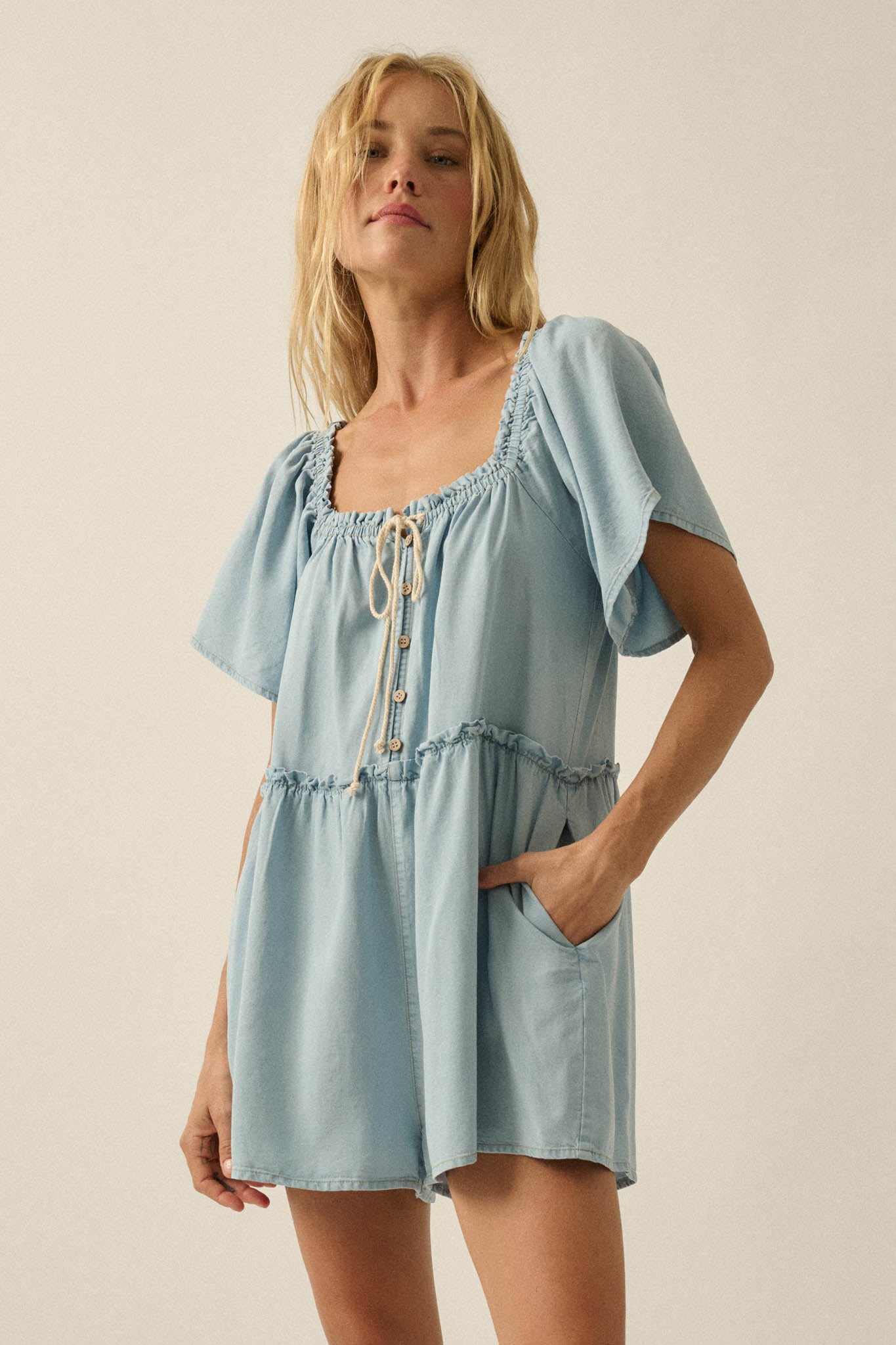 Skies Above Denim Tie-Neck Flutter-Sleeve Romper - ShopPromesa