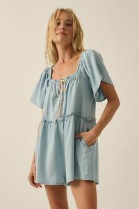 Skies Above Denim Tie-Neck Flutter-Sleeve Romper - ShopPromesa
