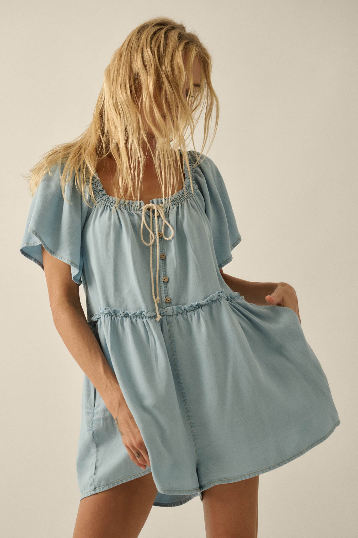Skies Above Denim Tie-Neck Flutter-Sleeve Romper - ShopPromesa
